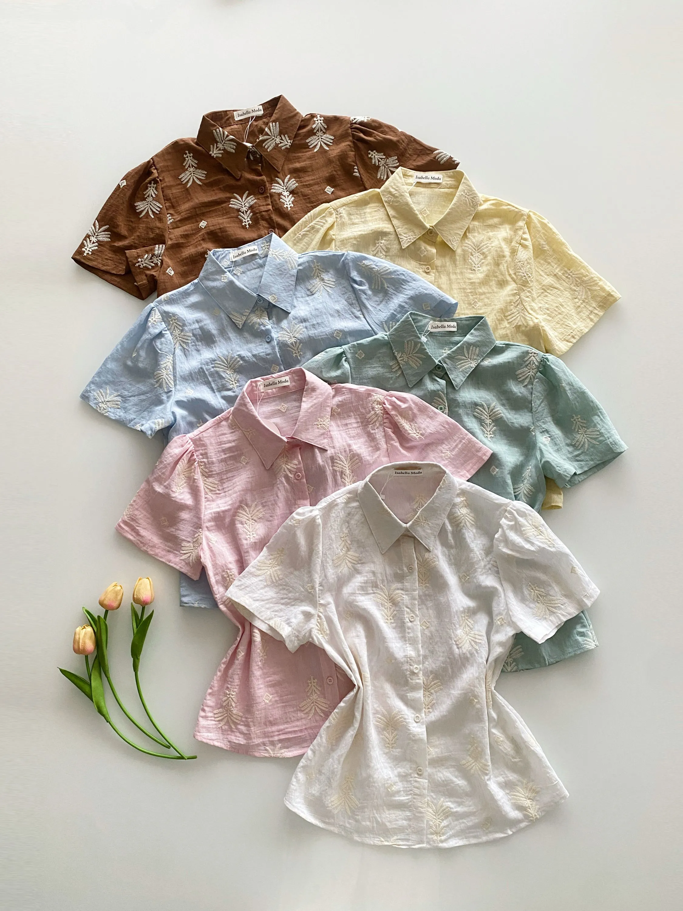 Camisa linho com bordado manga curta Isabella moda