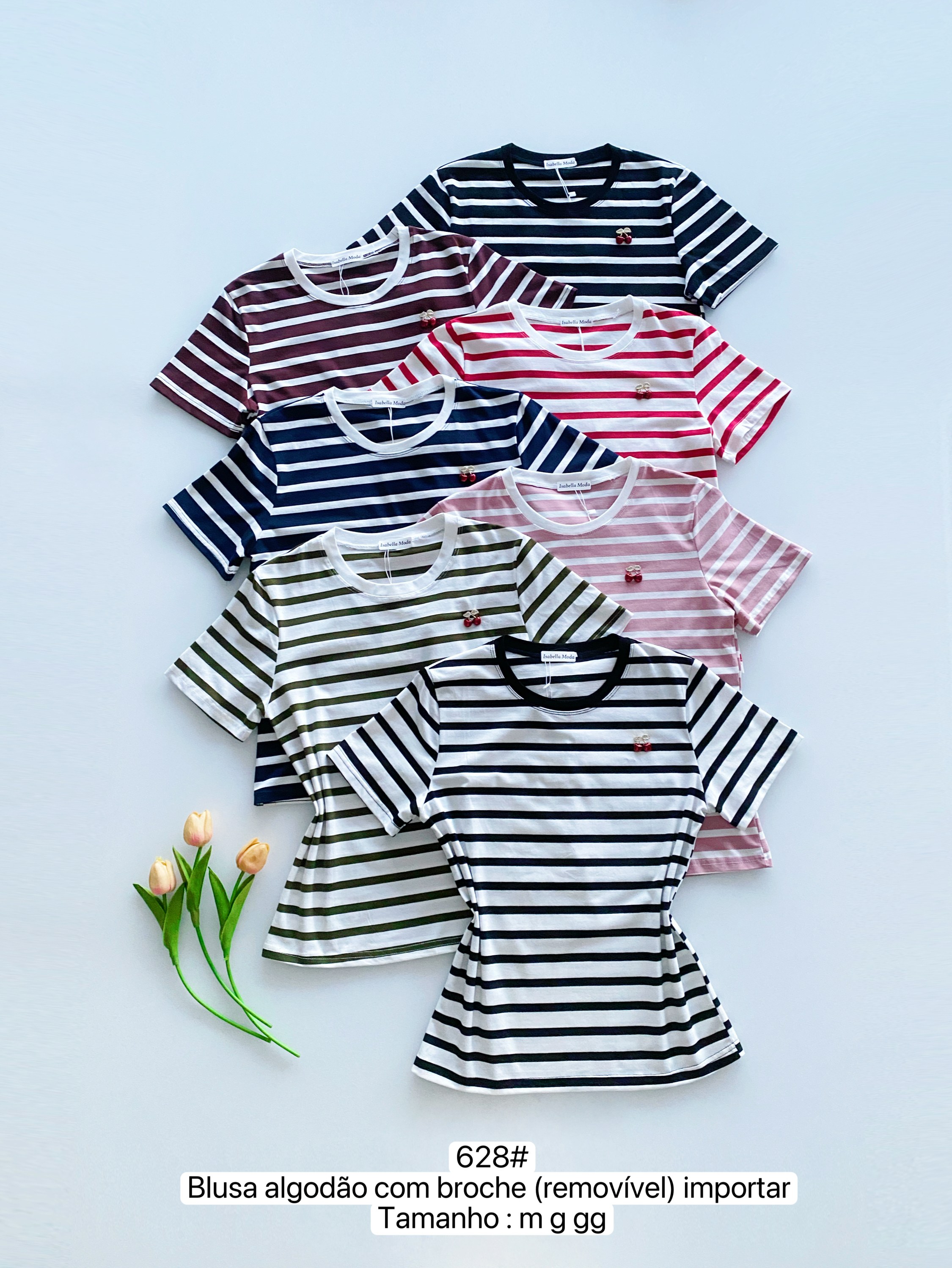 628# Blusa algodão listrada com broche ( removível )