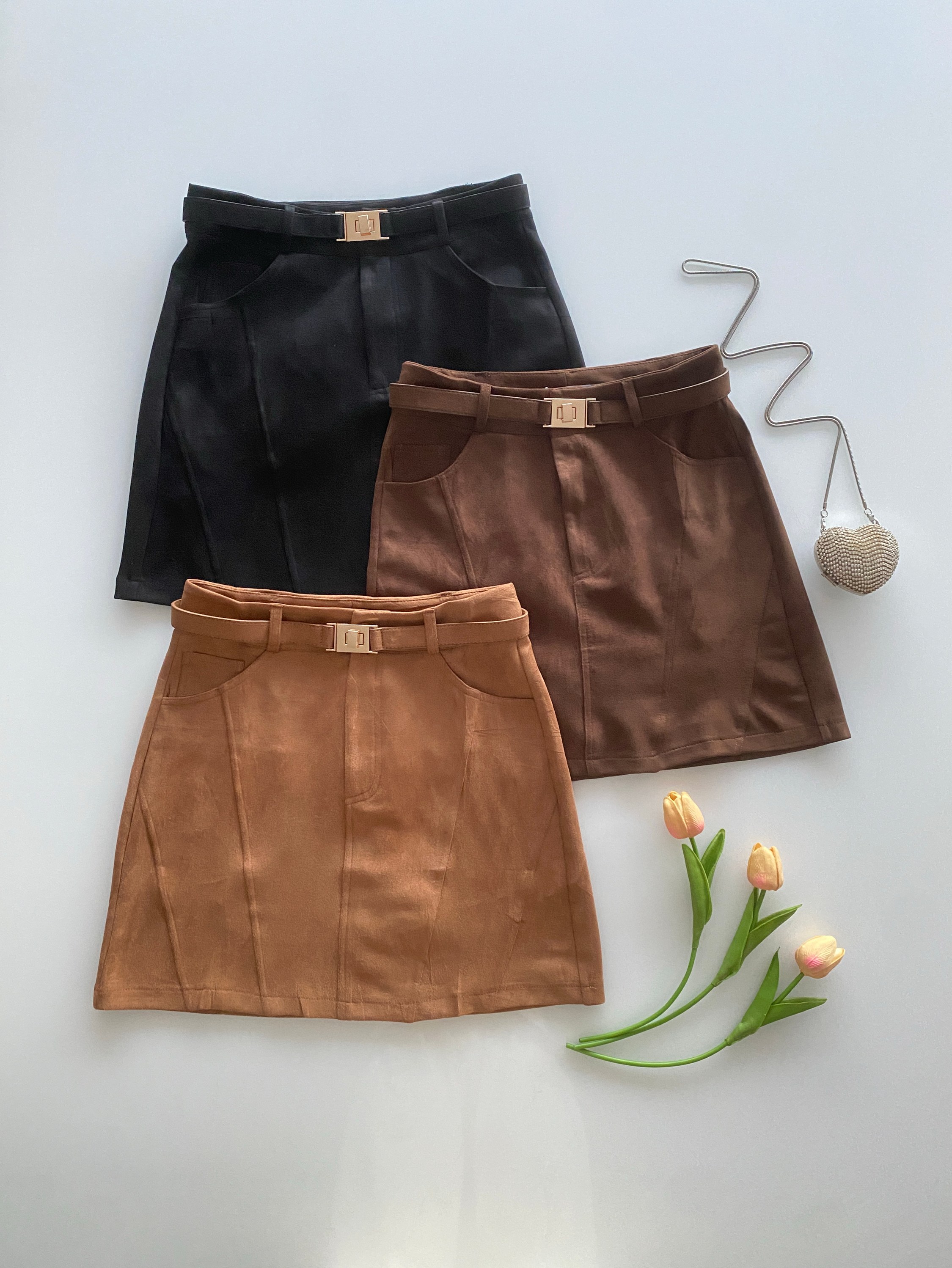 Saia suede elastano com cinto Isabella moda