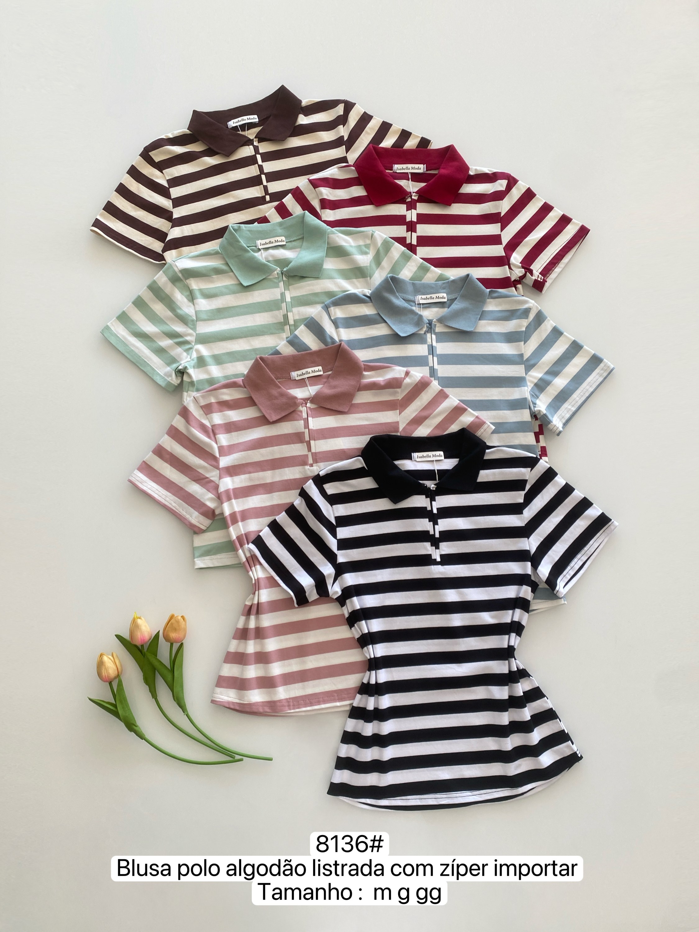 8136# Blusa polo algodão listrada com zíper Isabella moda