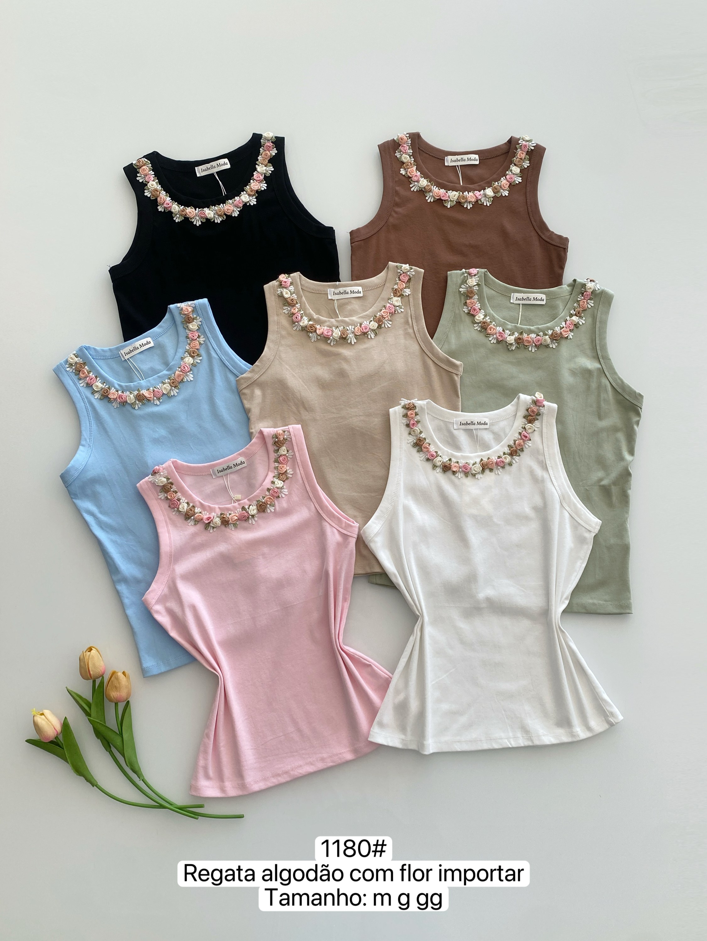 1180# Regata algodão com flor Isabella moda