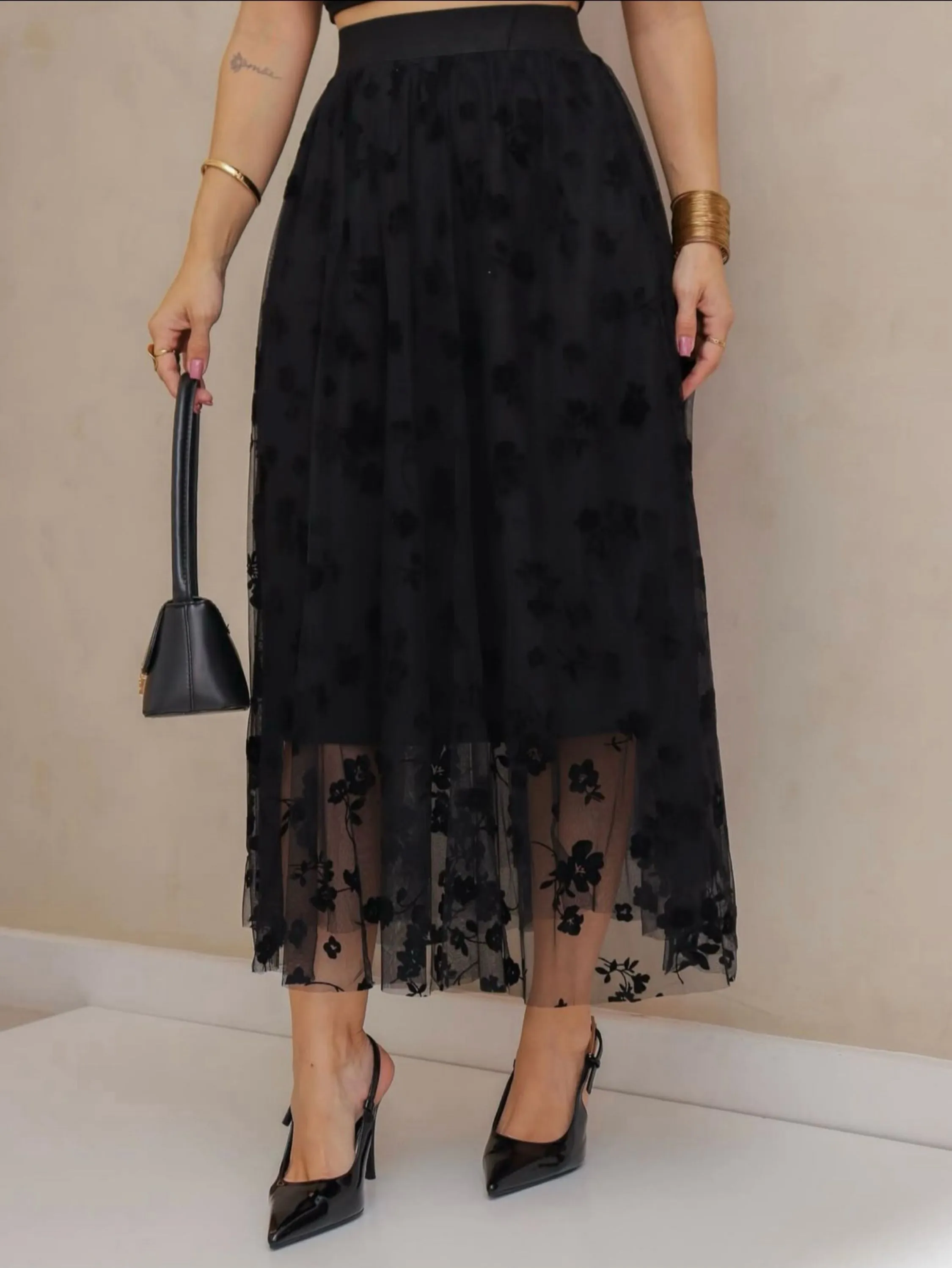 Saia tule com flor 026# Isabella moda