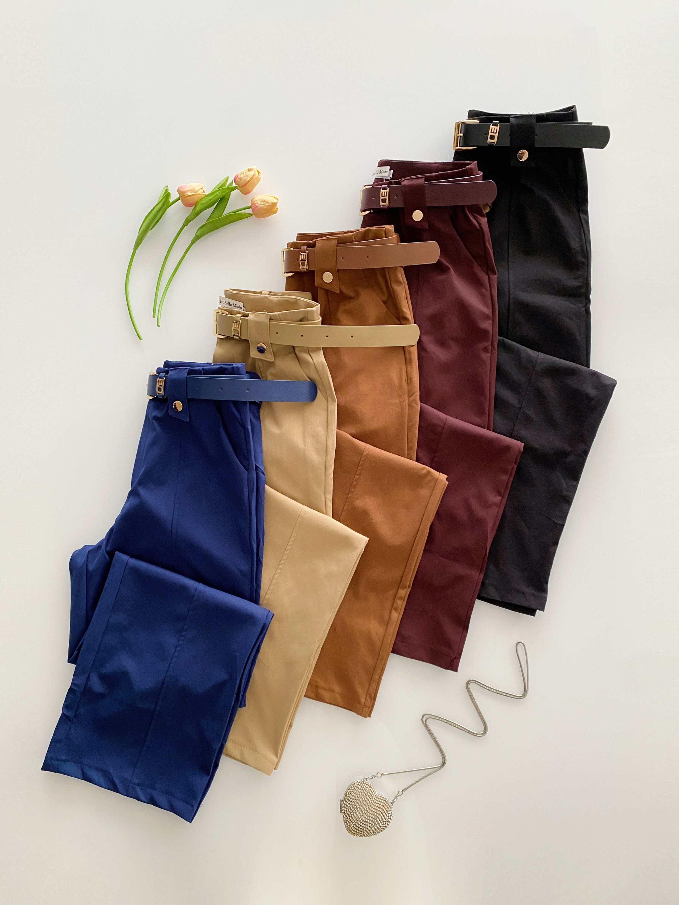 Calça sarja pantalona elastano com cinto Isabella moda