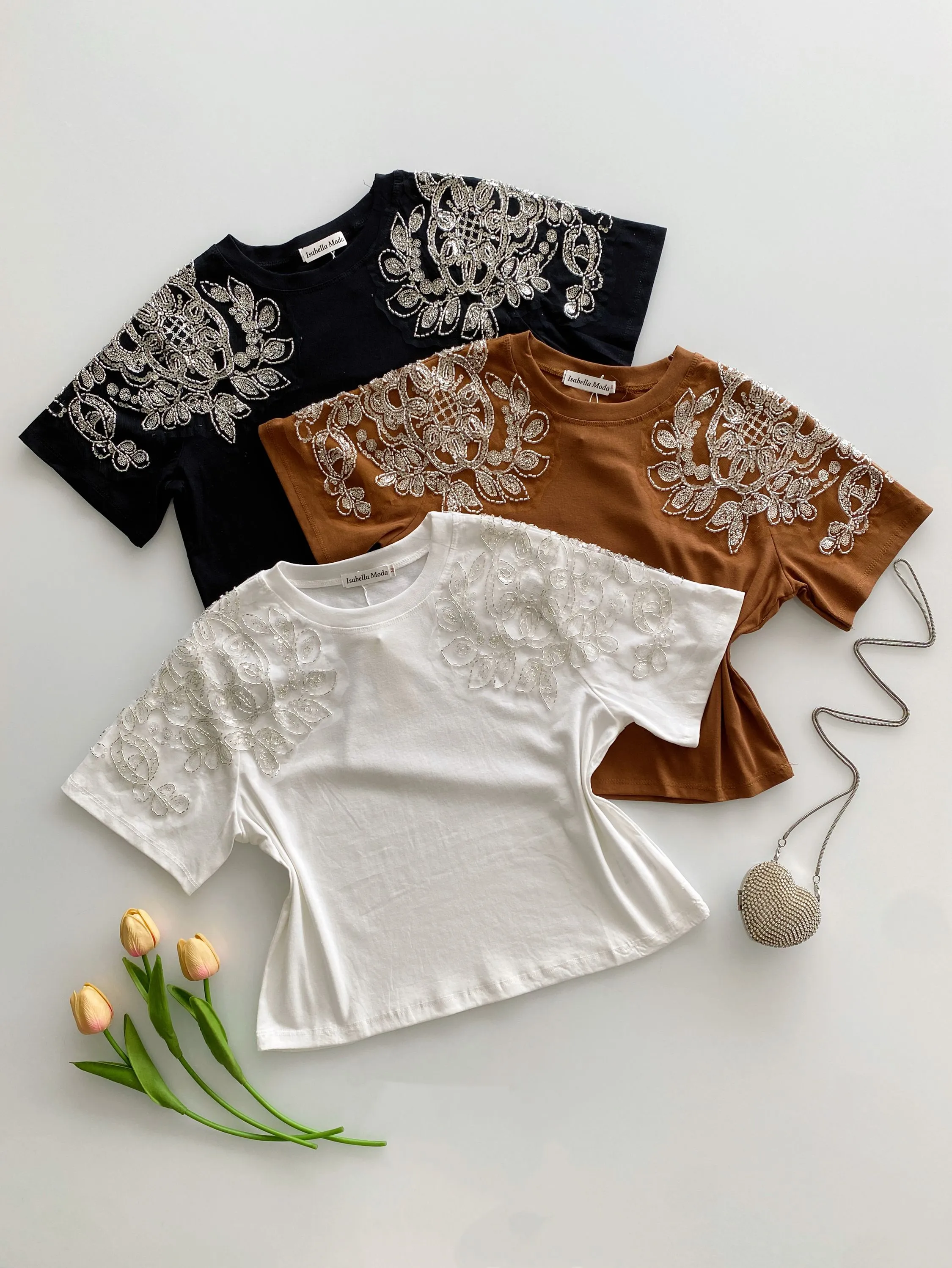 Blusa algodão manga com pedraria Isabella moda