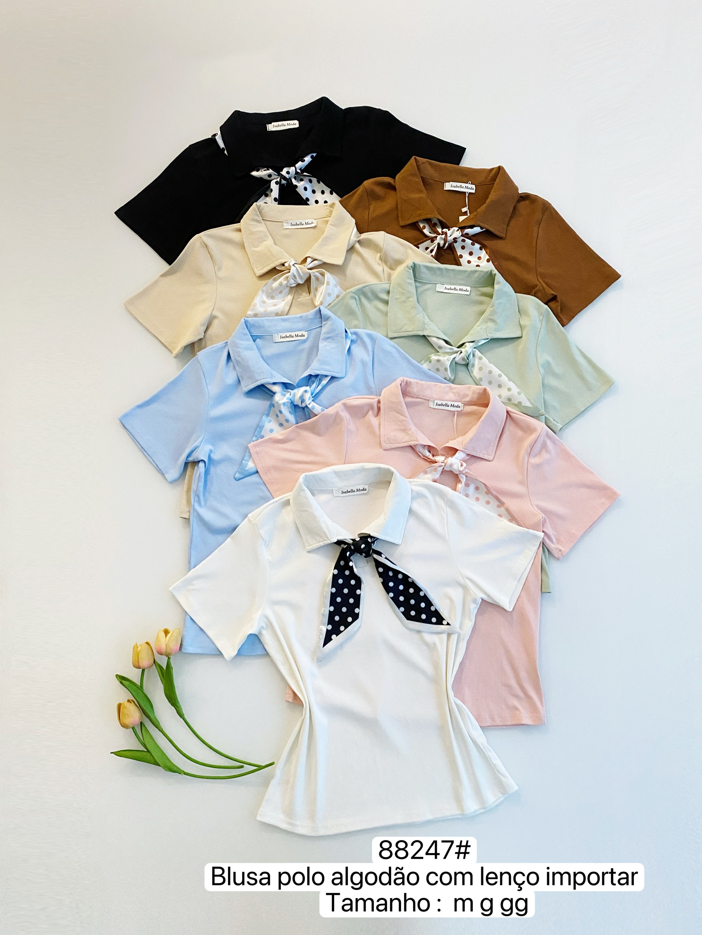 88247# Blusa polo algodão com lenço Isabella moda