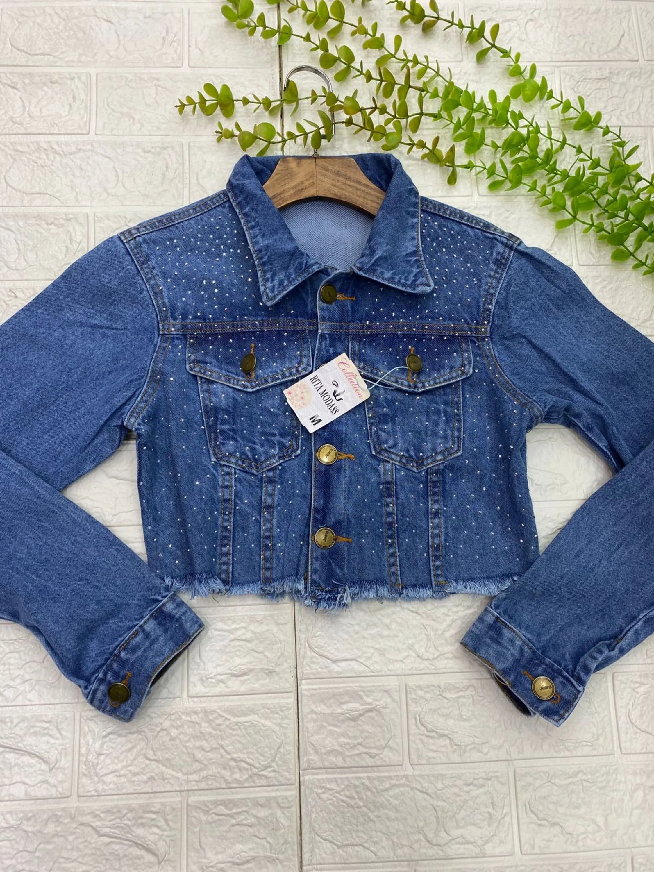 Jaqueta curta femenino jeans com brillo