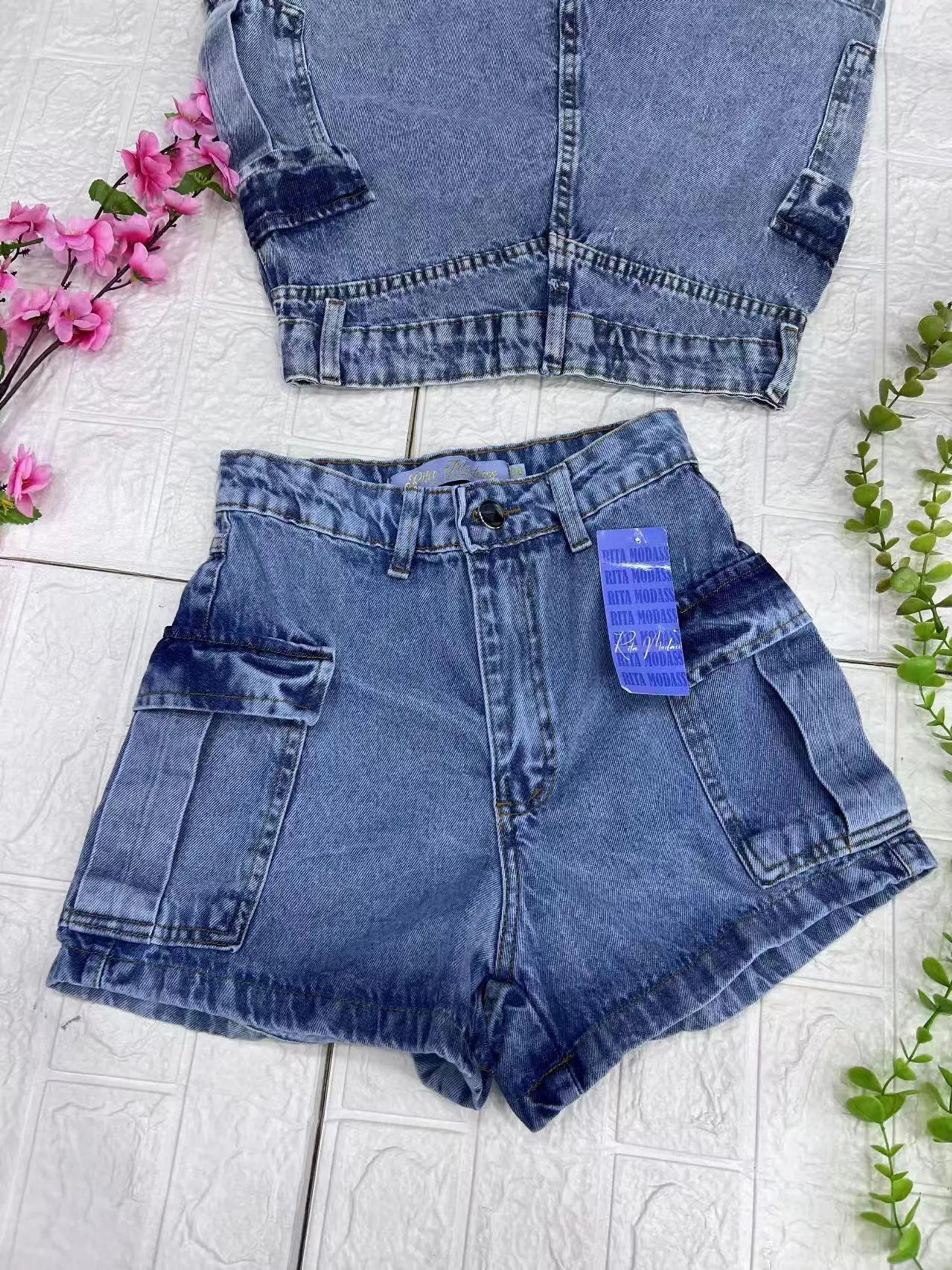 Short jeans femenino cargo curto marmorizado
