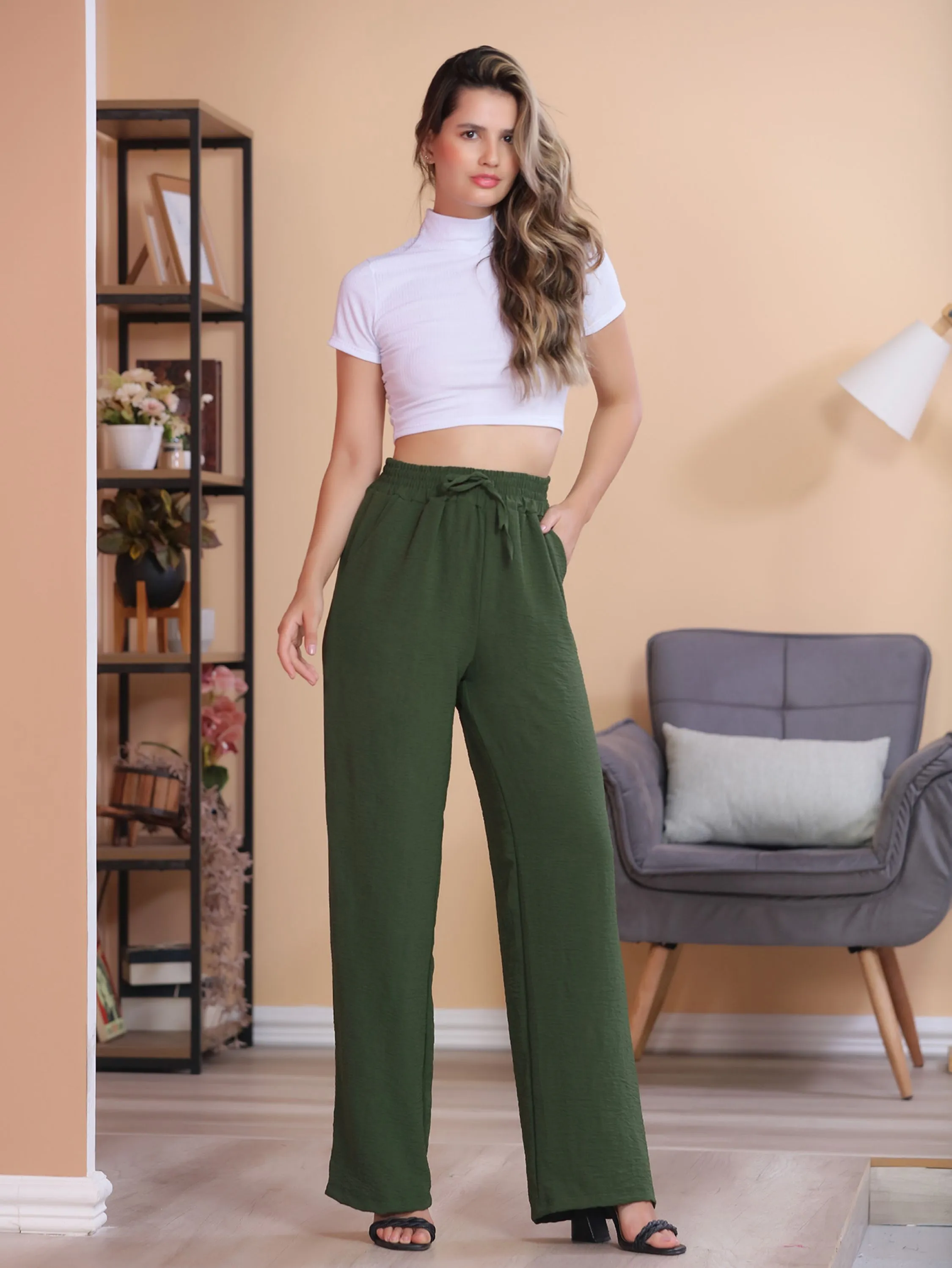 Kit 24 peças calça pantalona tecido duna cintura alta com bolsos