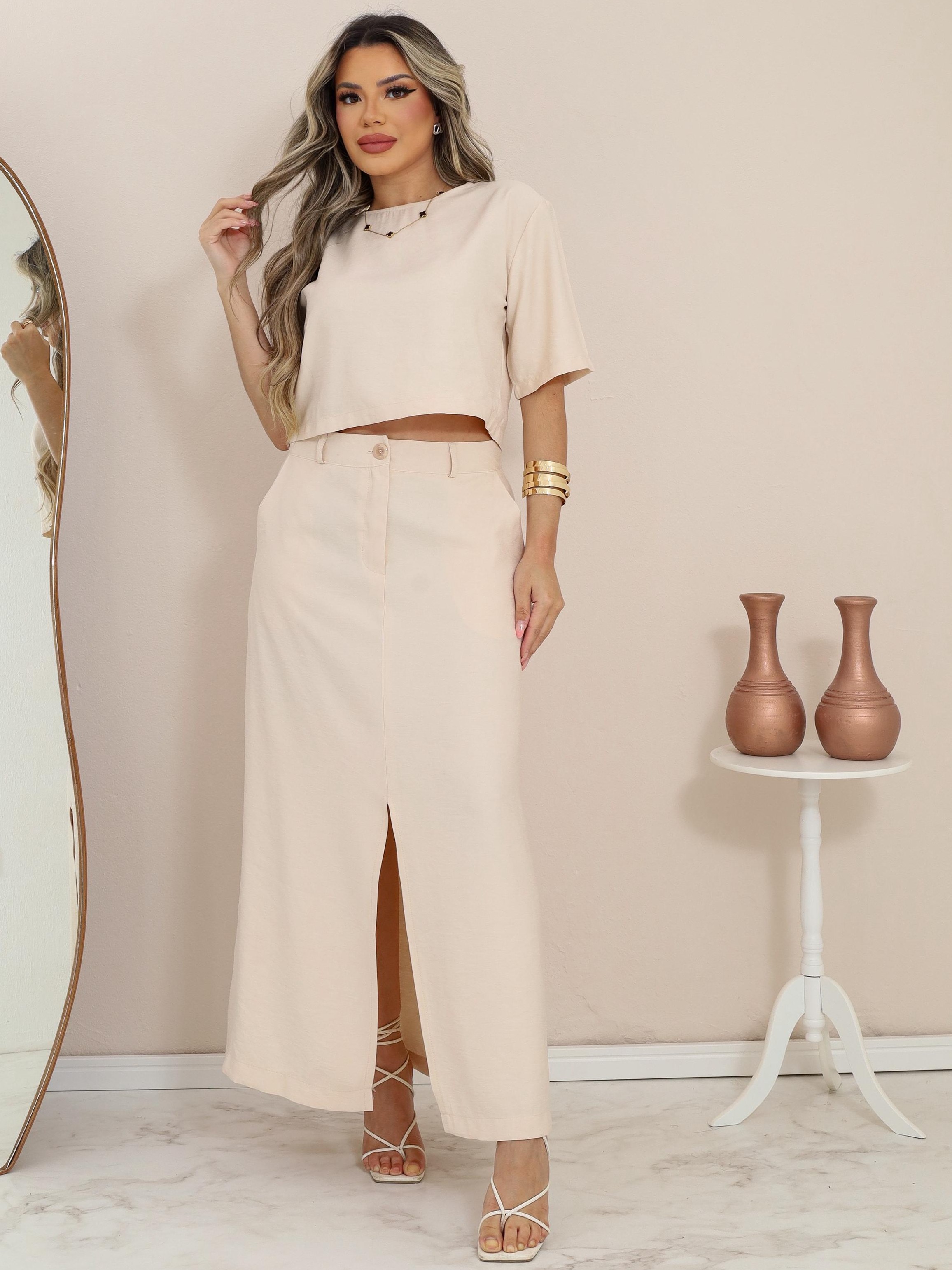 Conjunto Feminino Karol Blusa e Saia com Fenda e Bolso