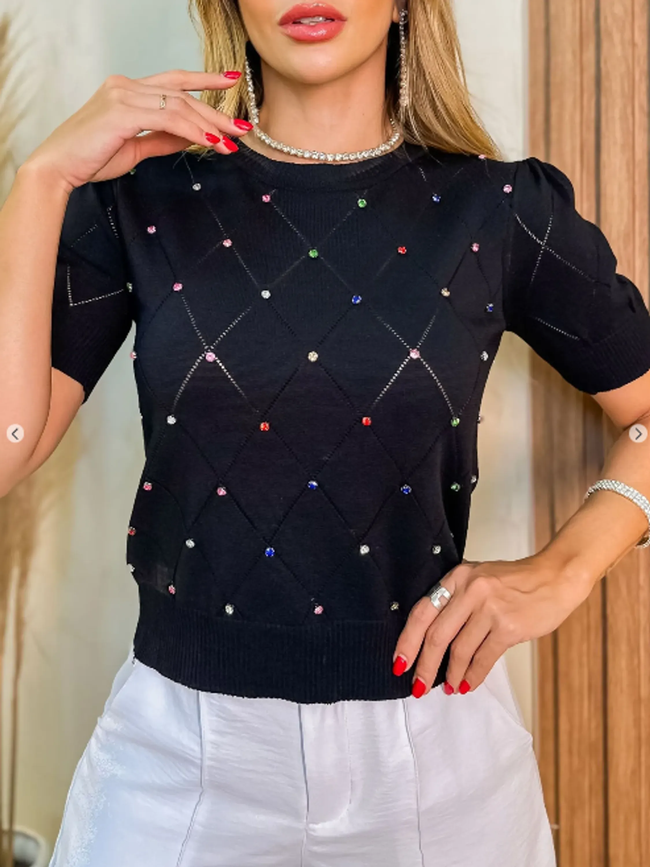 Blusa Modal Feminina Manga Longa Malha C/ Pedraria 8017