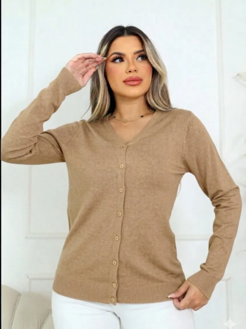 Blusa Casaco Manga Longa Botão Pérolas De Frio Tricot Modal