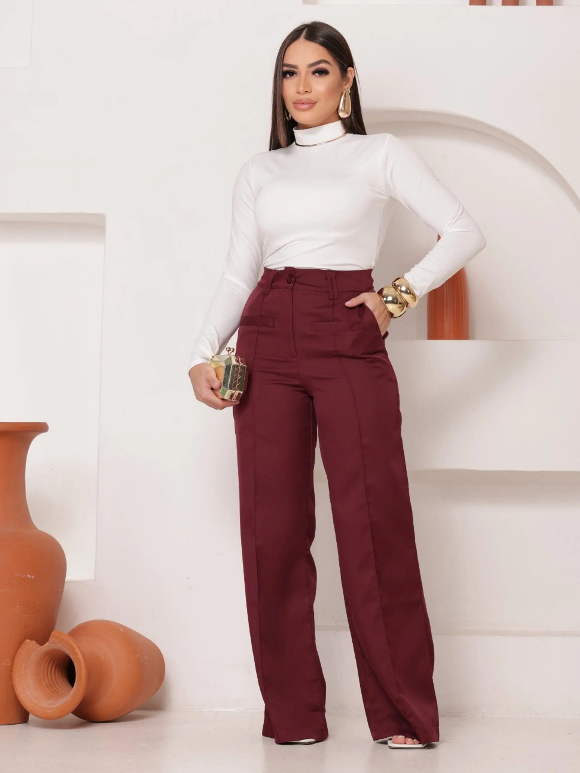 Calça Alfaiataria IVY Cintura Alta com Bolso Fake -2025