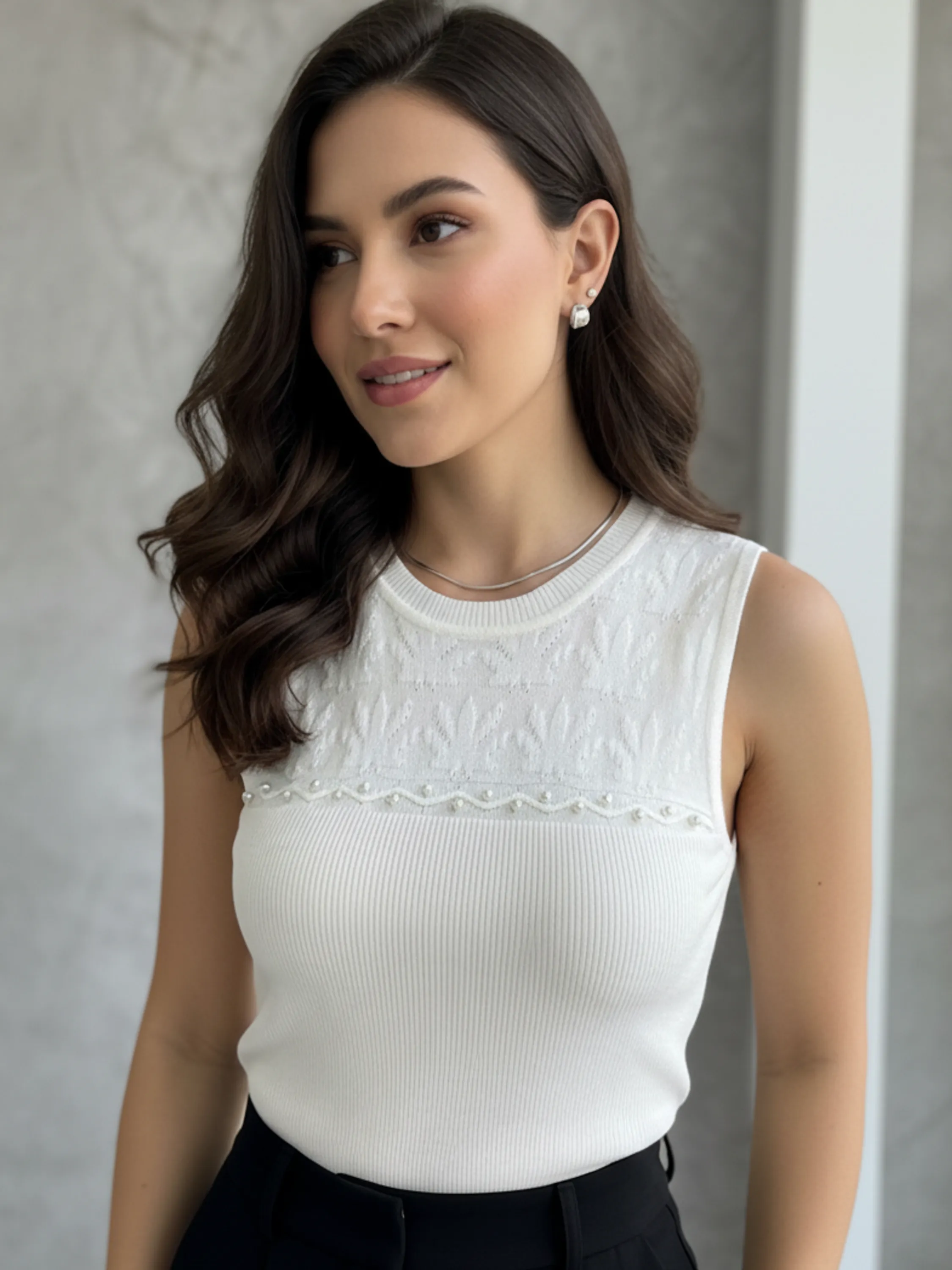 Blusa Luiza Regata Feminina Modal com Renda e Pérolas