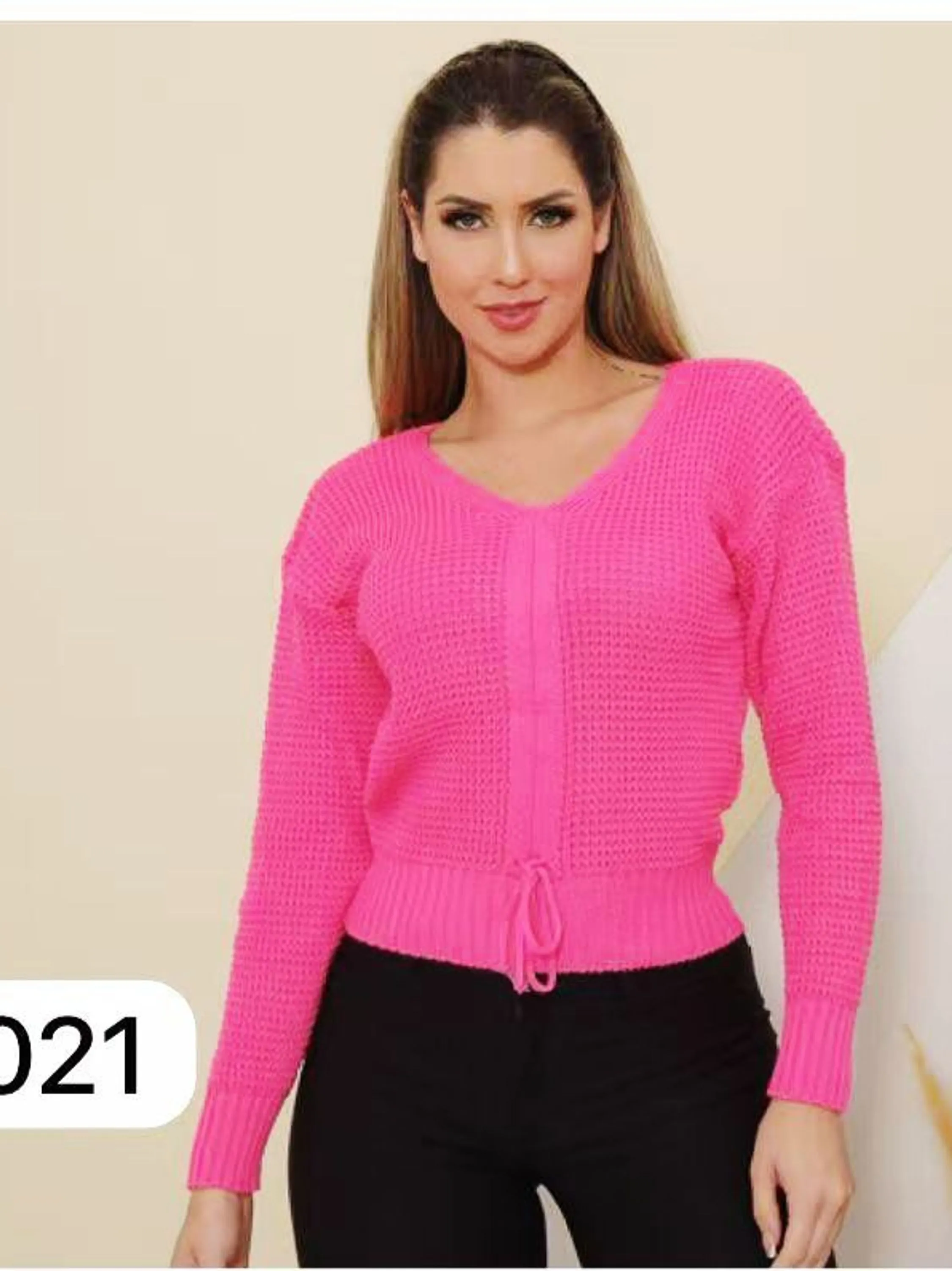 Blusa Tricô Gola V Manga Longa Detalhe De Amarrar Br021