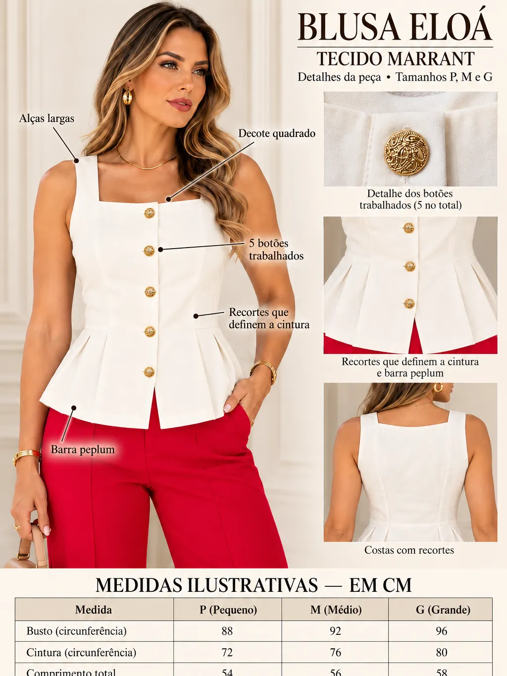 Blusa Elóa no Tecido Marrant, Com Botões+Plinssa