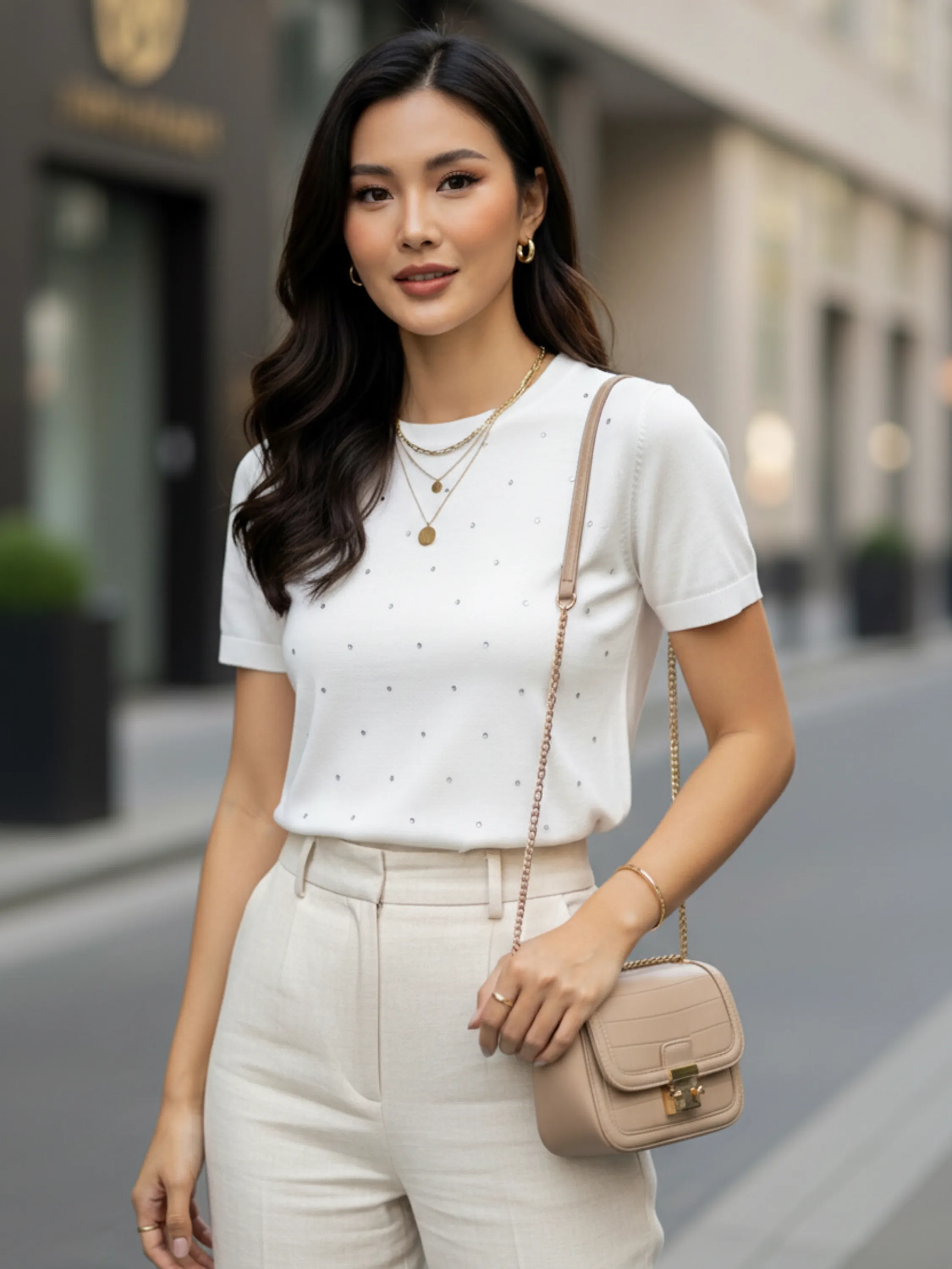 Blusa Manga Curta Feminina Modal com Aplicações em Pedrinhas