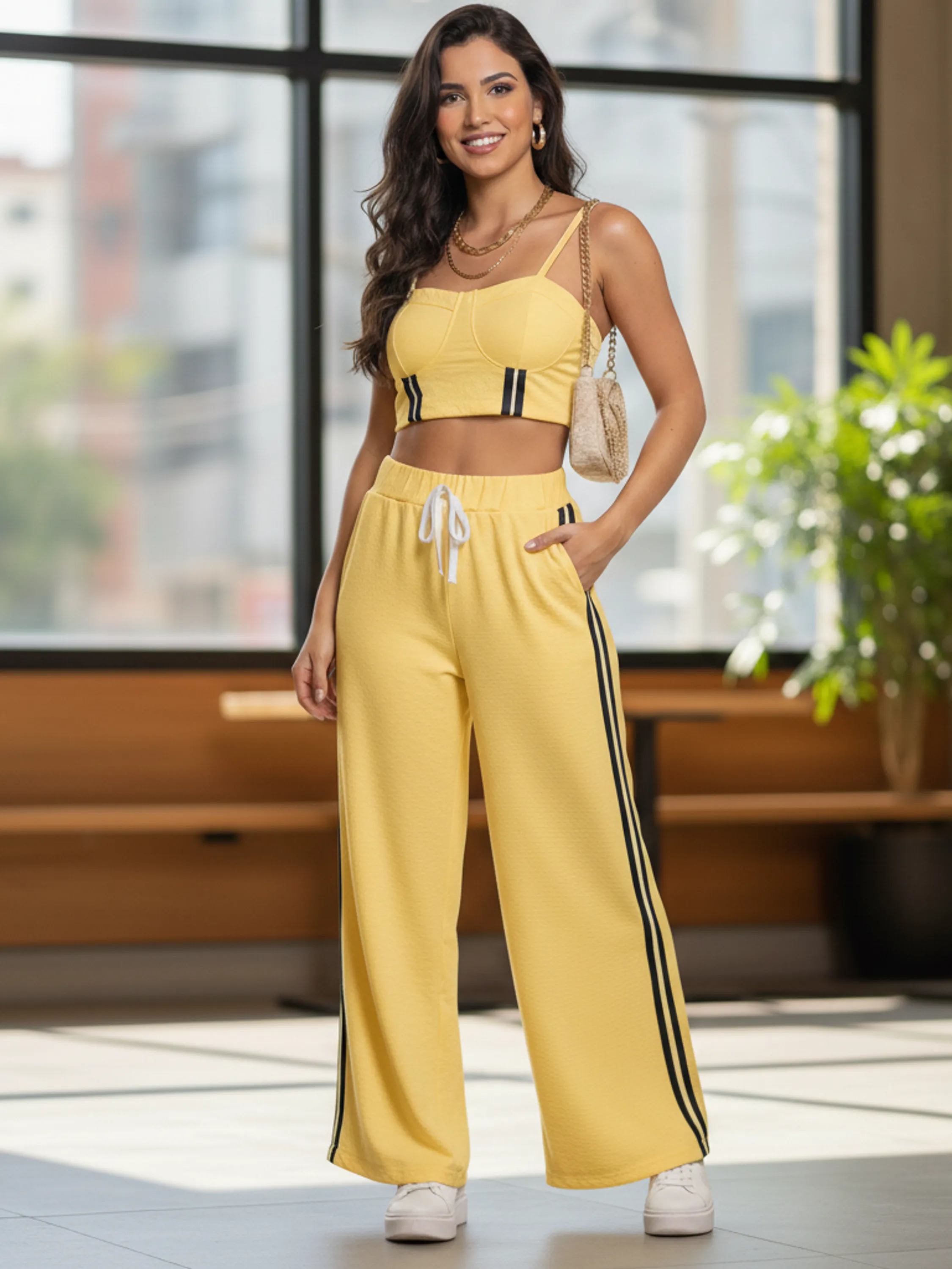 Conjunto Marrant Listras Laterais – Top e Calça Pantalona