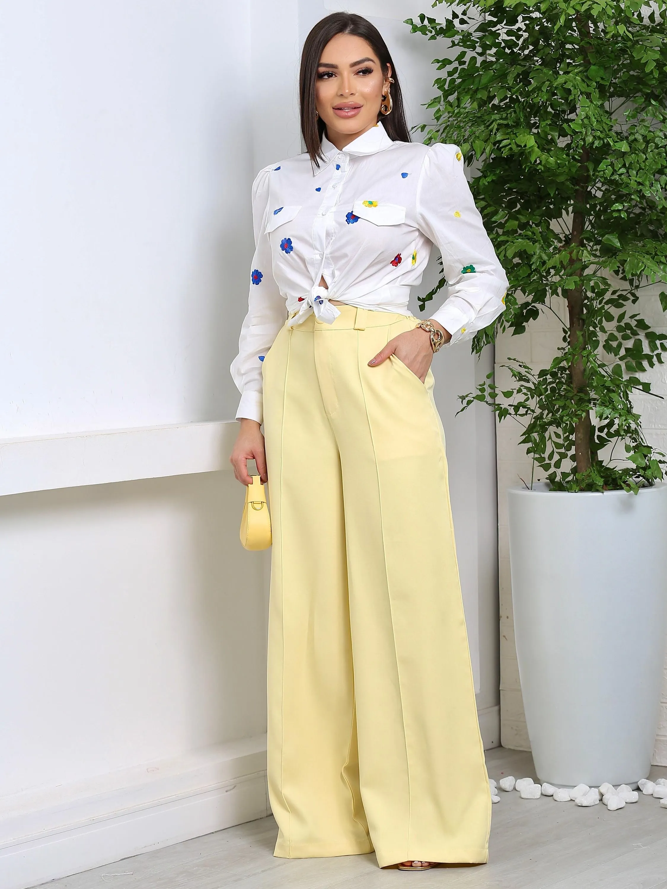 Calça Alfaiataria Fany Pantalona Cintura Alta Elastico Atras