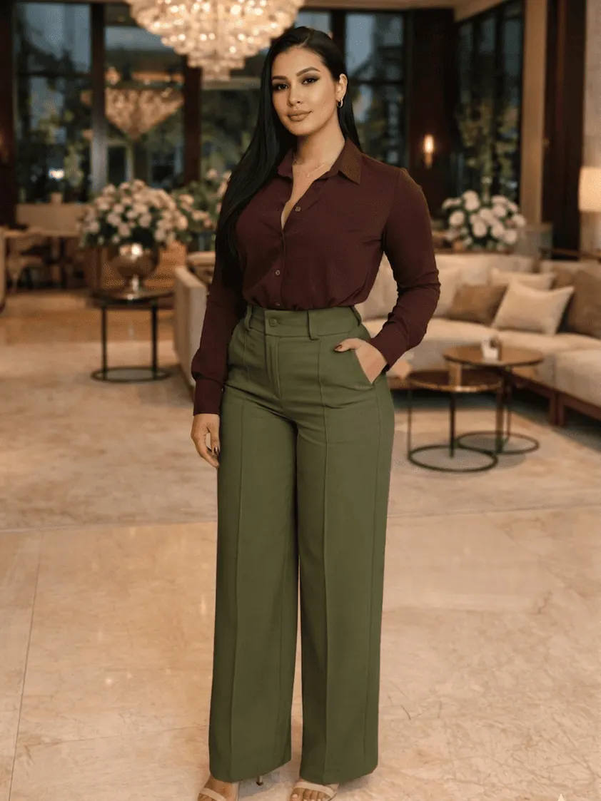 Calça Alfaiataria Fany Pantalona Cintura Alta Elastico Atras