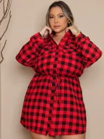 Chamise Xadrez Plus Size Feminina Manga Longa