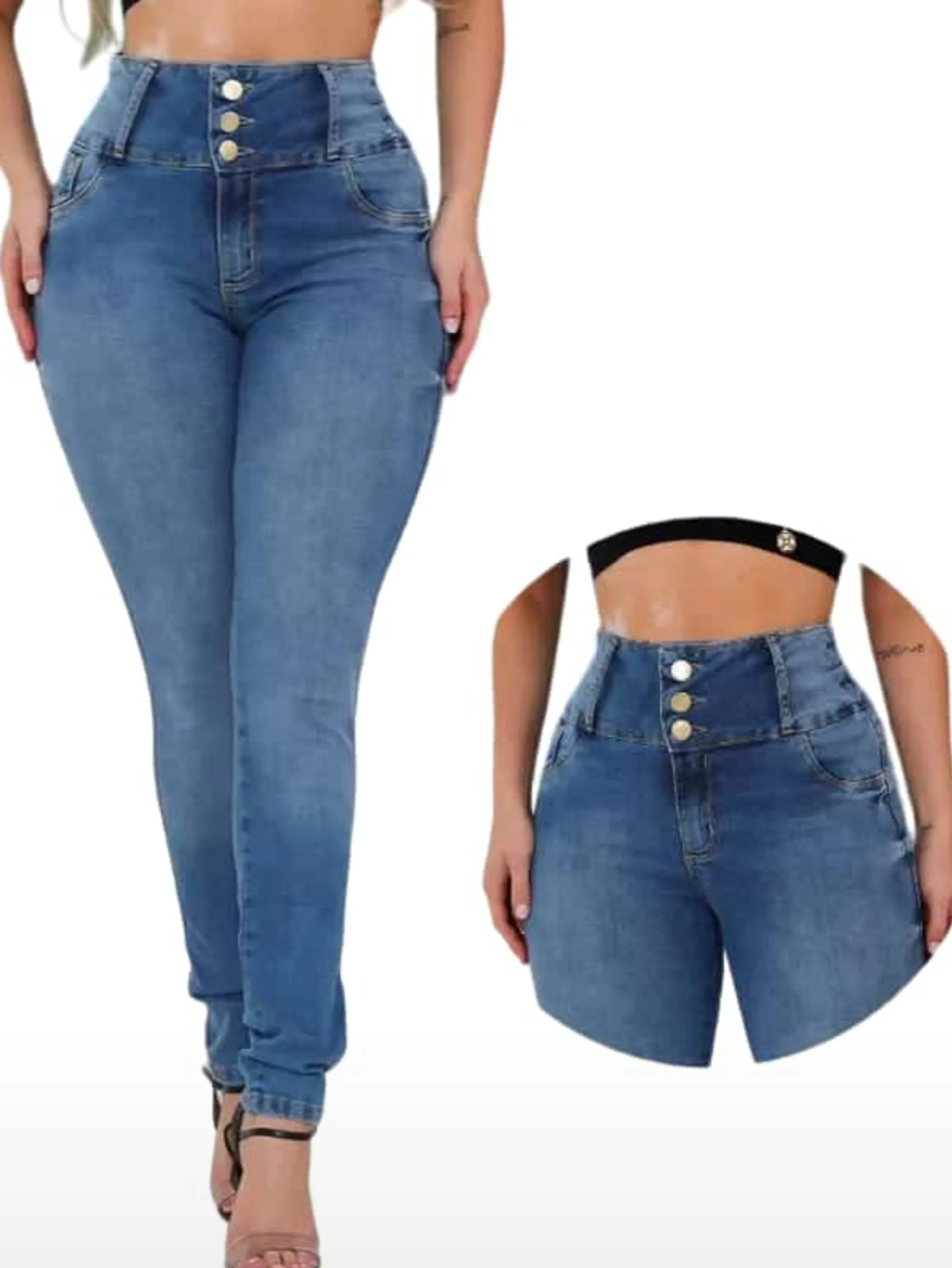 calça jeans feminina modelo skinny cós alto com botões modelo básico lavagem Clara.