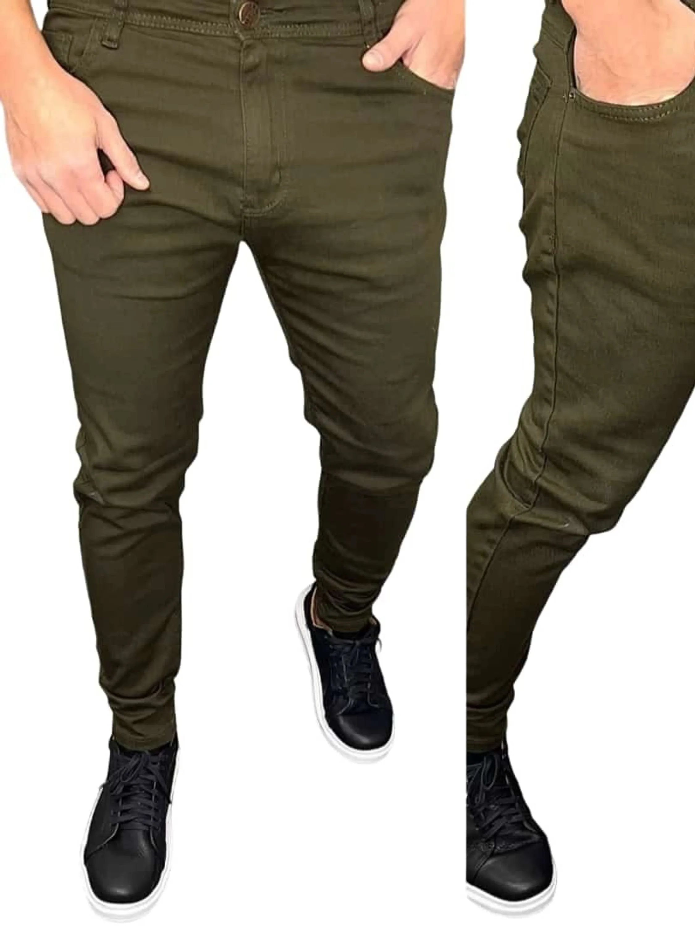 calça verde militar masculina super skinny de sarja diferenciada,  Premium, com elastano.