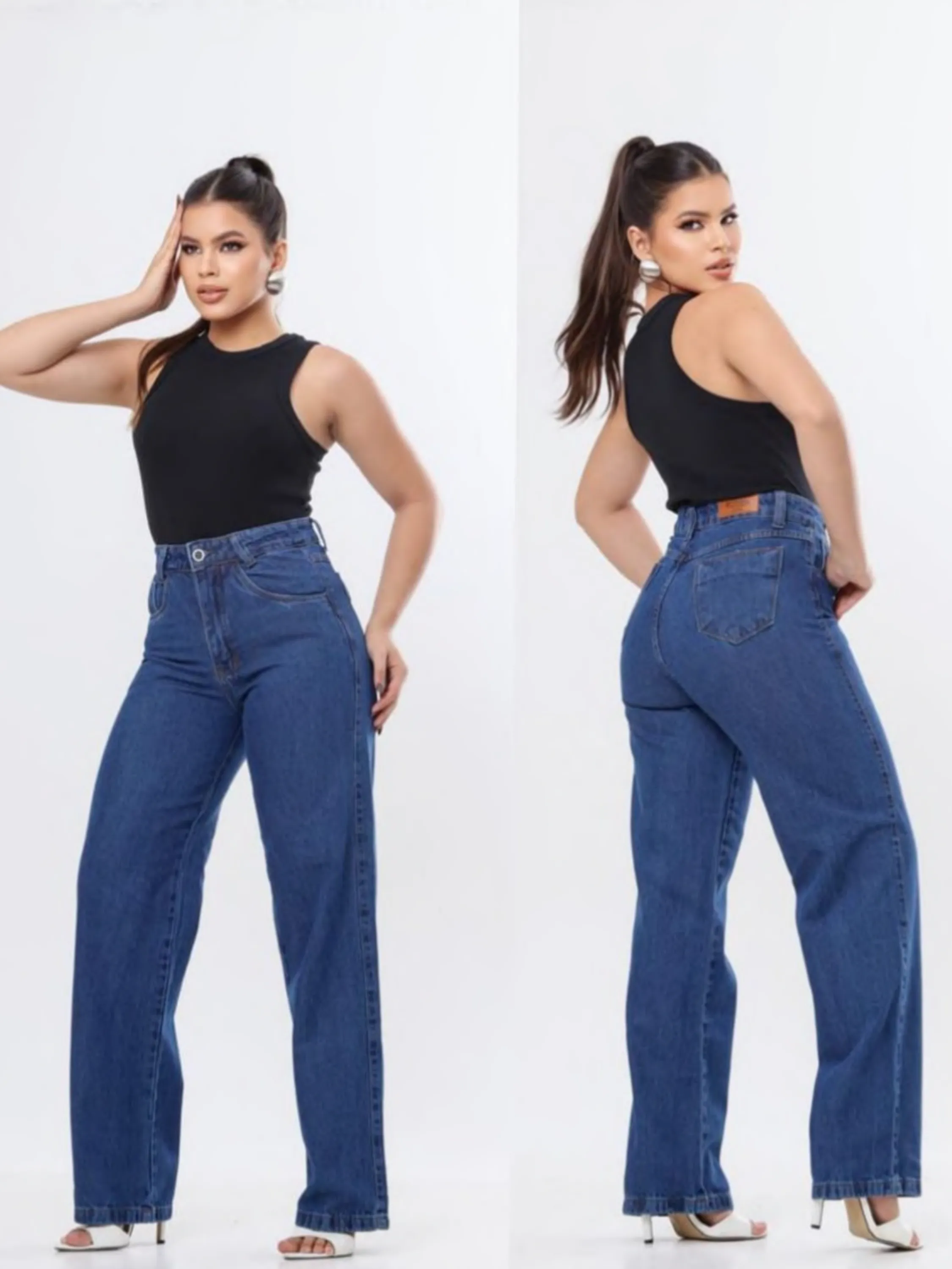 calça widleg jeans tonalidade escura
