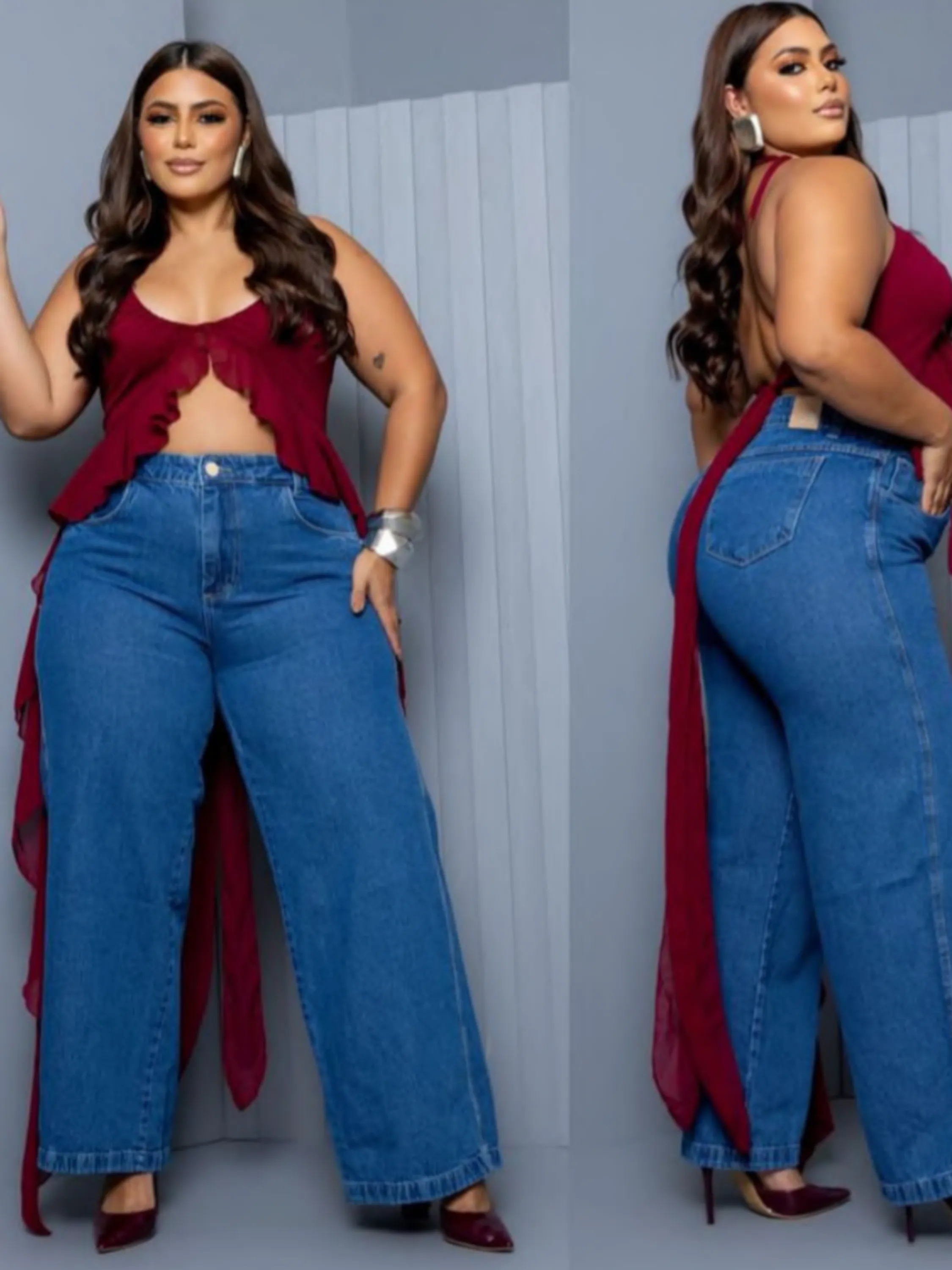 calça widleg jeans plus size tonalidade lavagem escura
