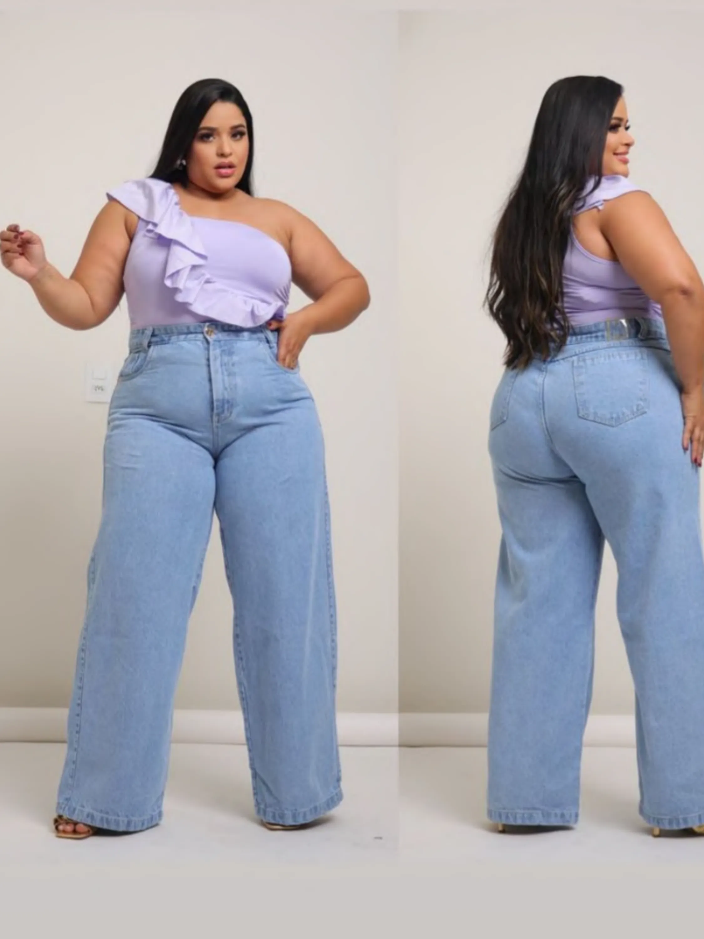 calça widleg jeans plus size
