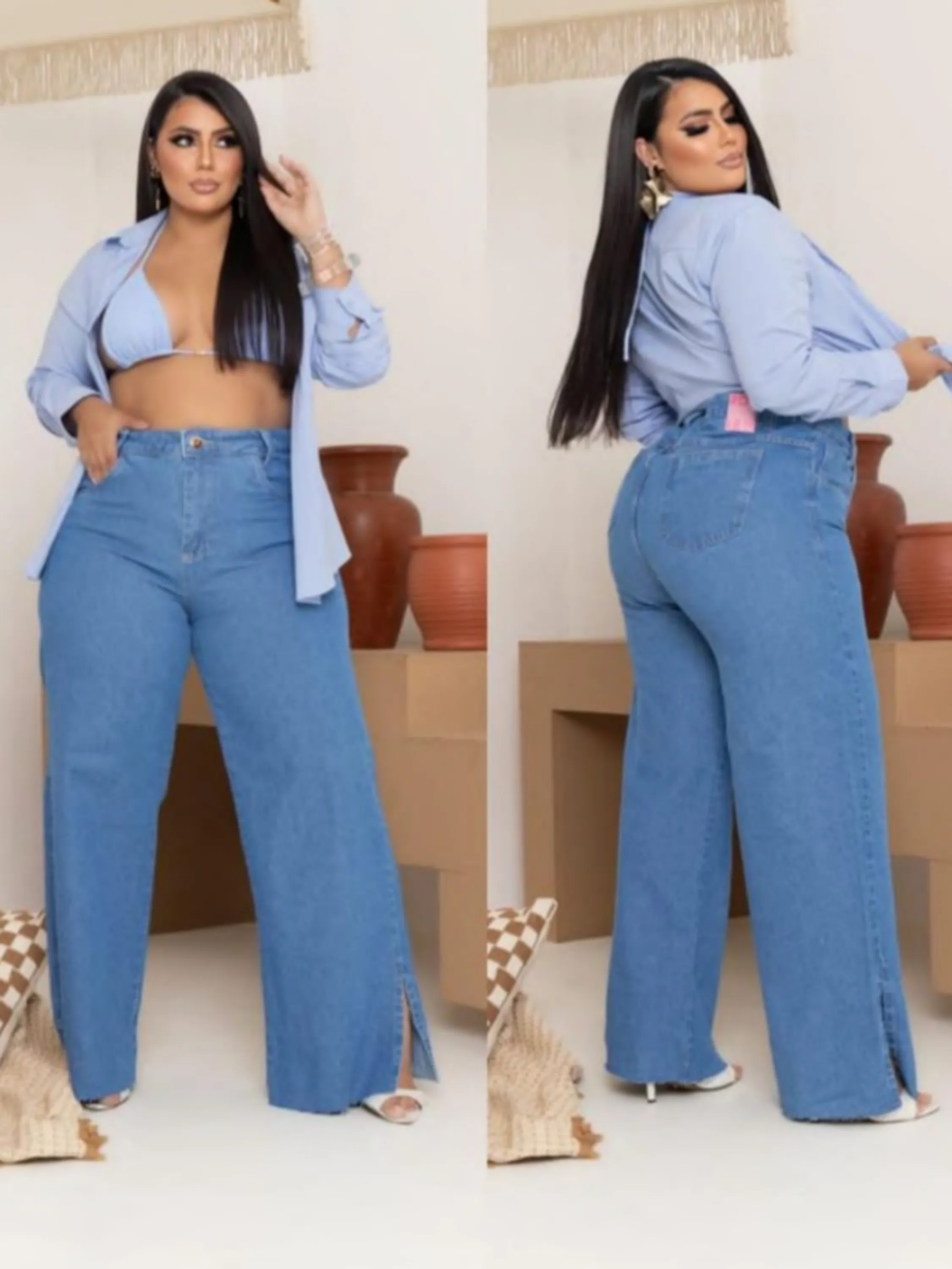 calça widleg jeans plus size tonalidade clara