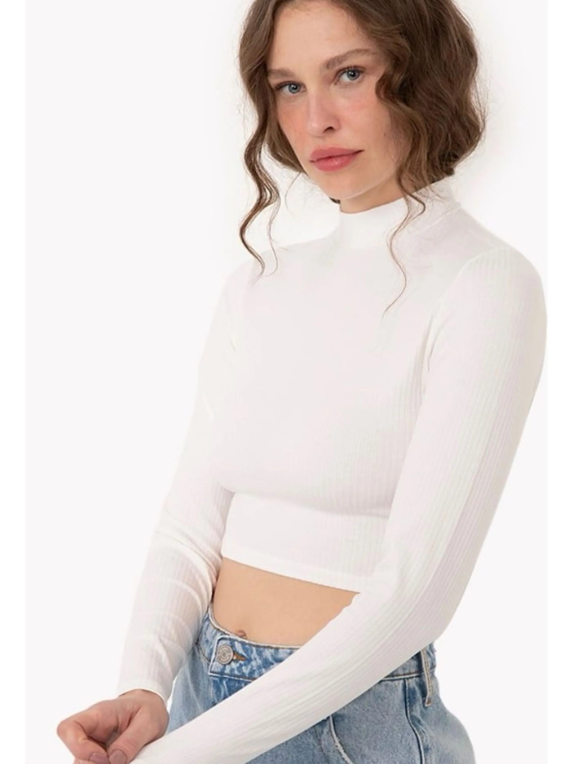 Blusa Cropped Básica Malha Canelada Manga Longa