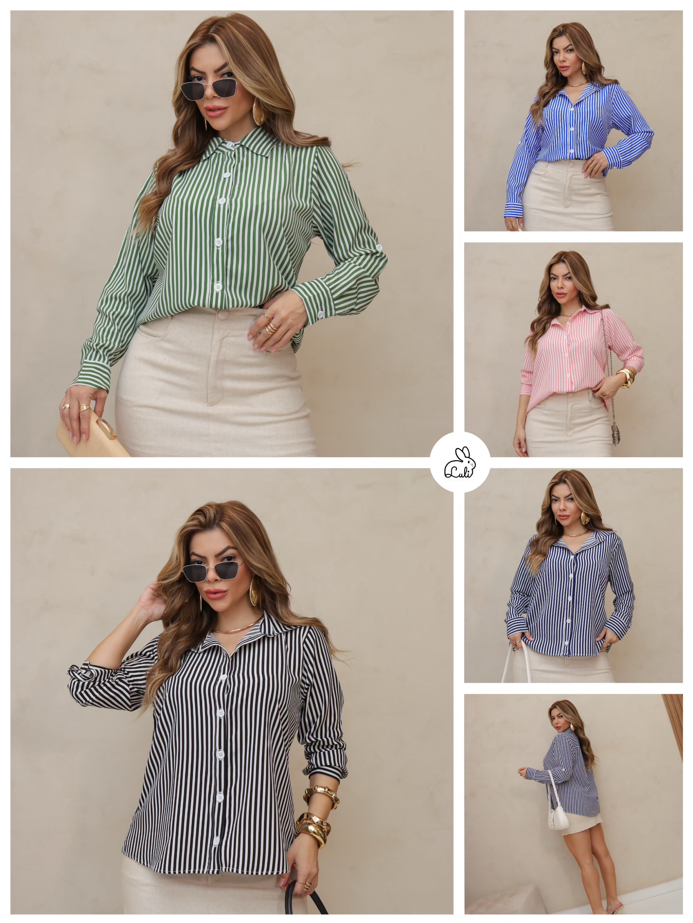 Kit 24 peças de Camisa Listrada Casual Feminina Crepinho