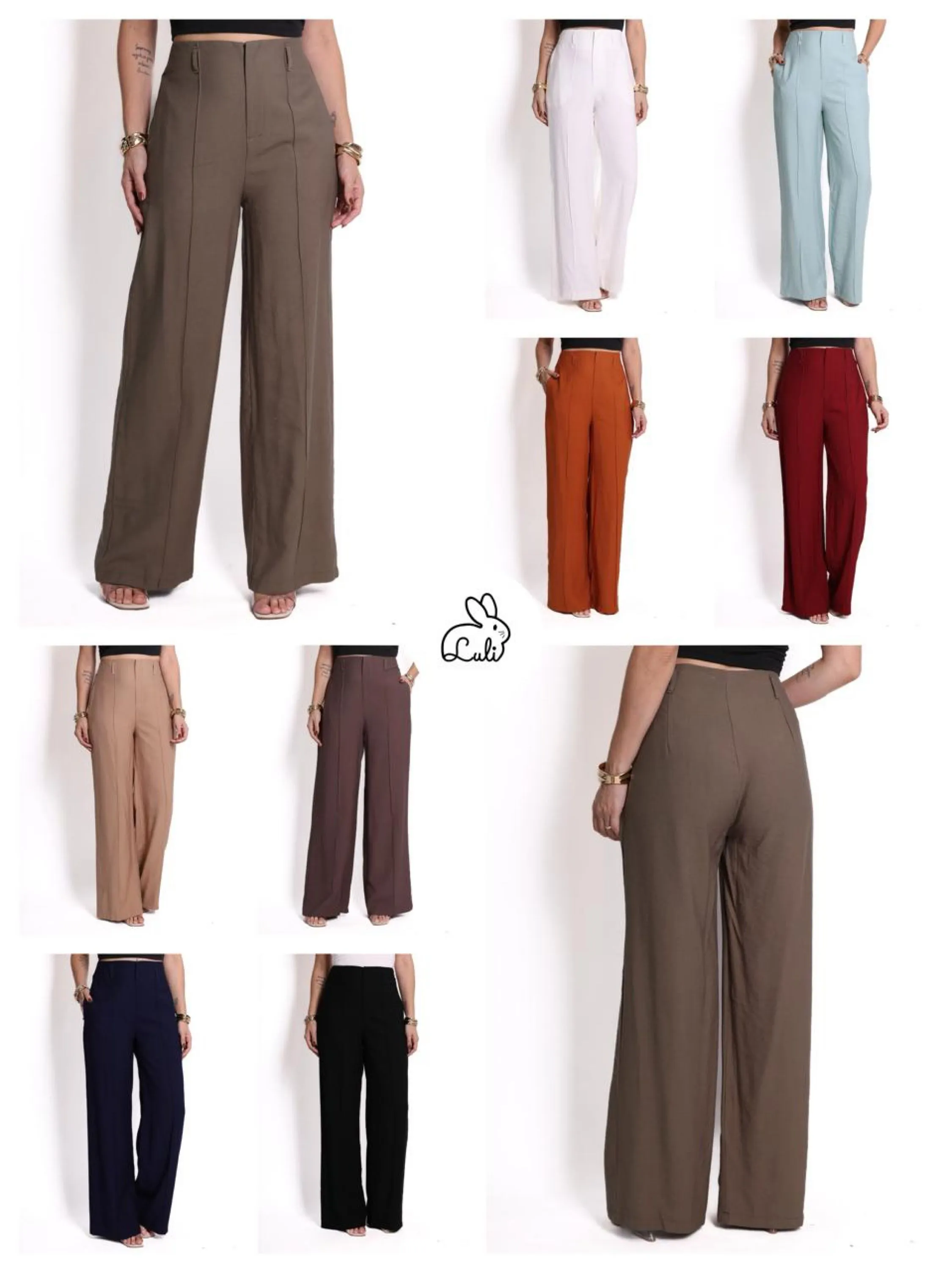 Calça pantalona tecido marrant com linha na frente