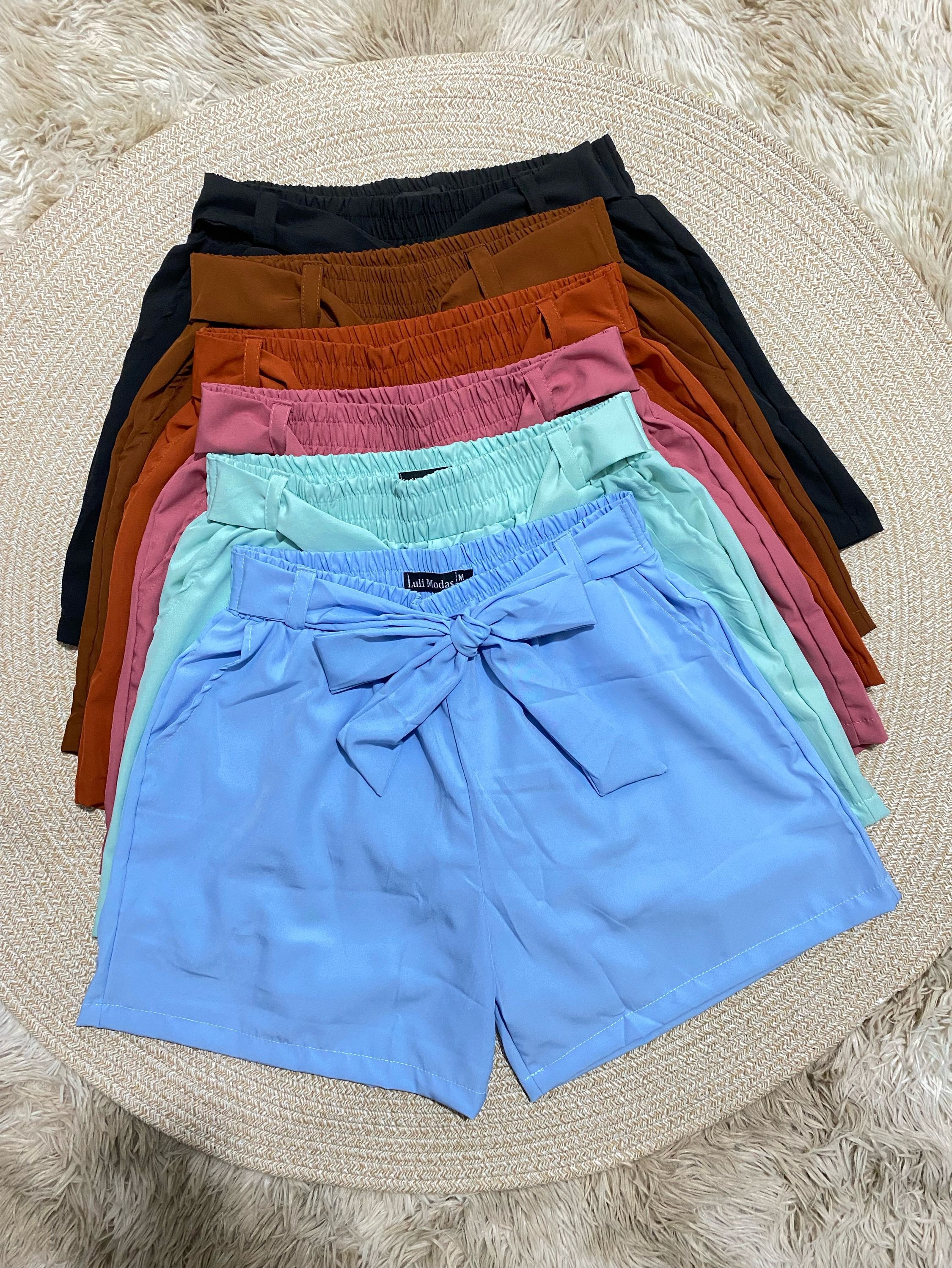 Short Feminino Liso Tecido Crepinho Com Laço de Amarrar