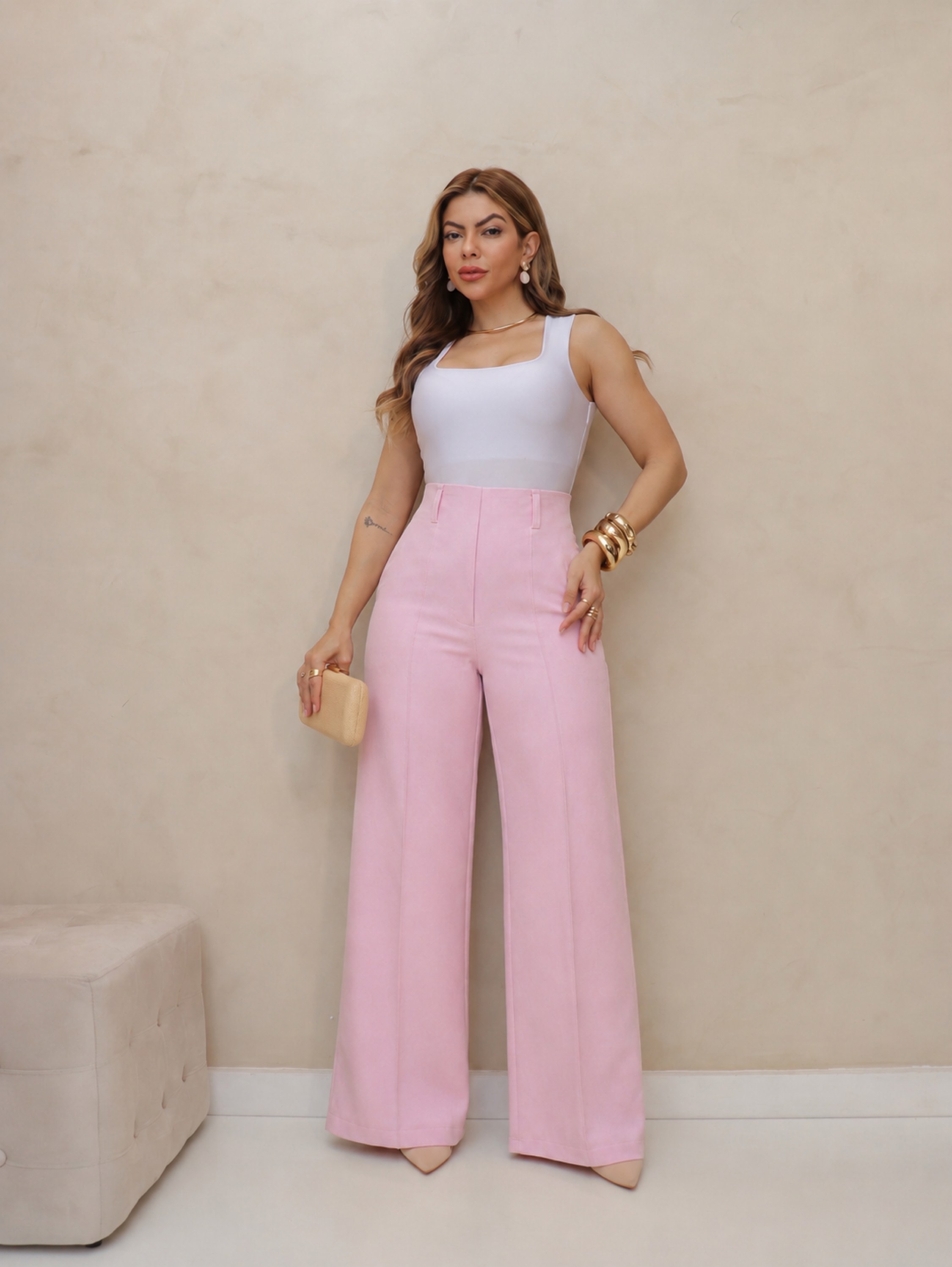 Calça pantalona tecido marrant com linha na frente