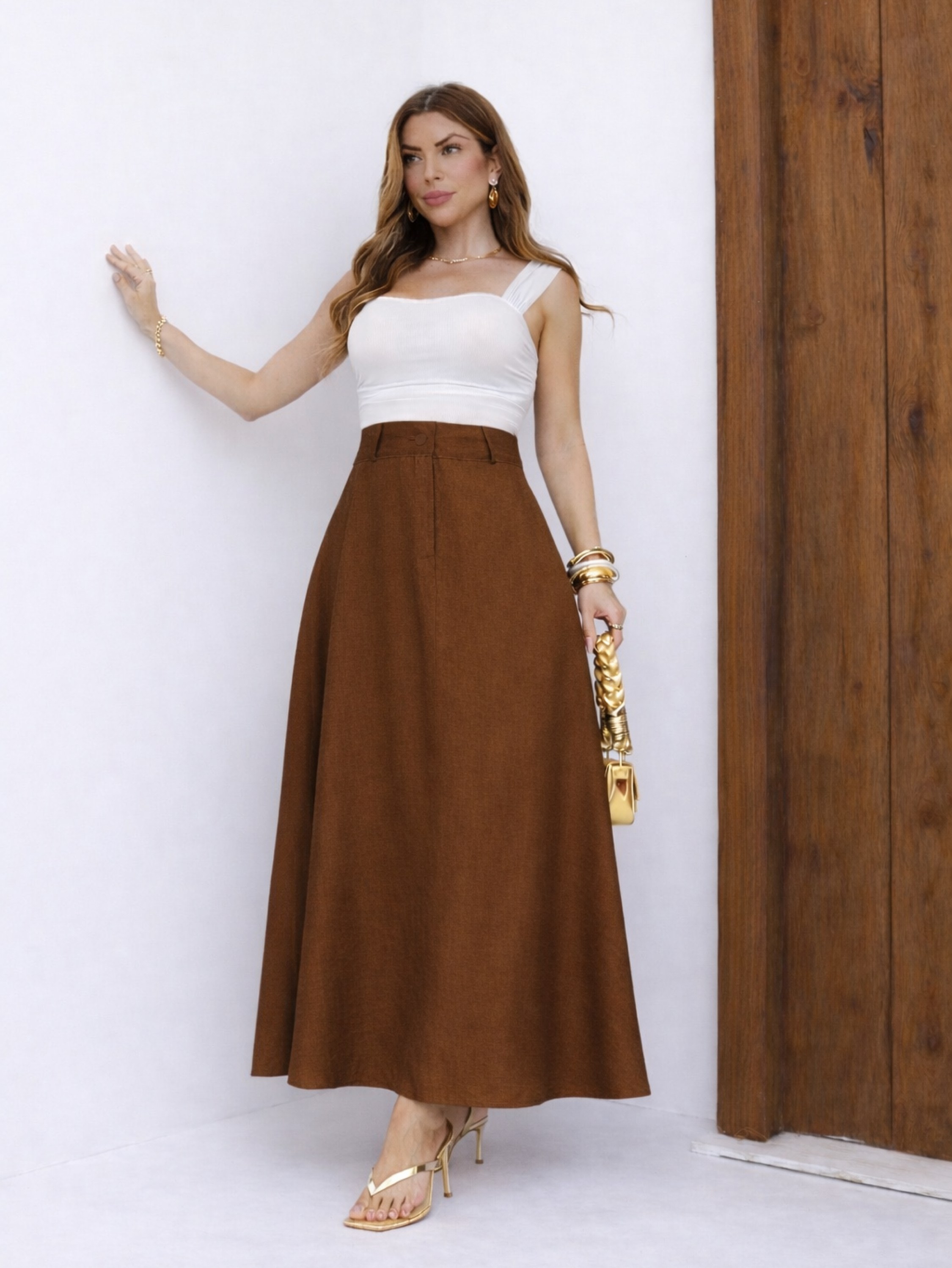 Saia Longa Rodada Tecido Marrant com Bolsos Laterais/MI-013