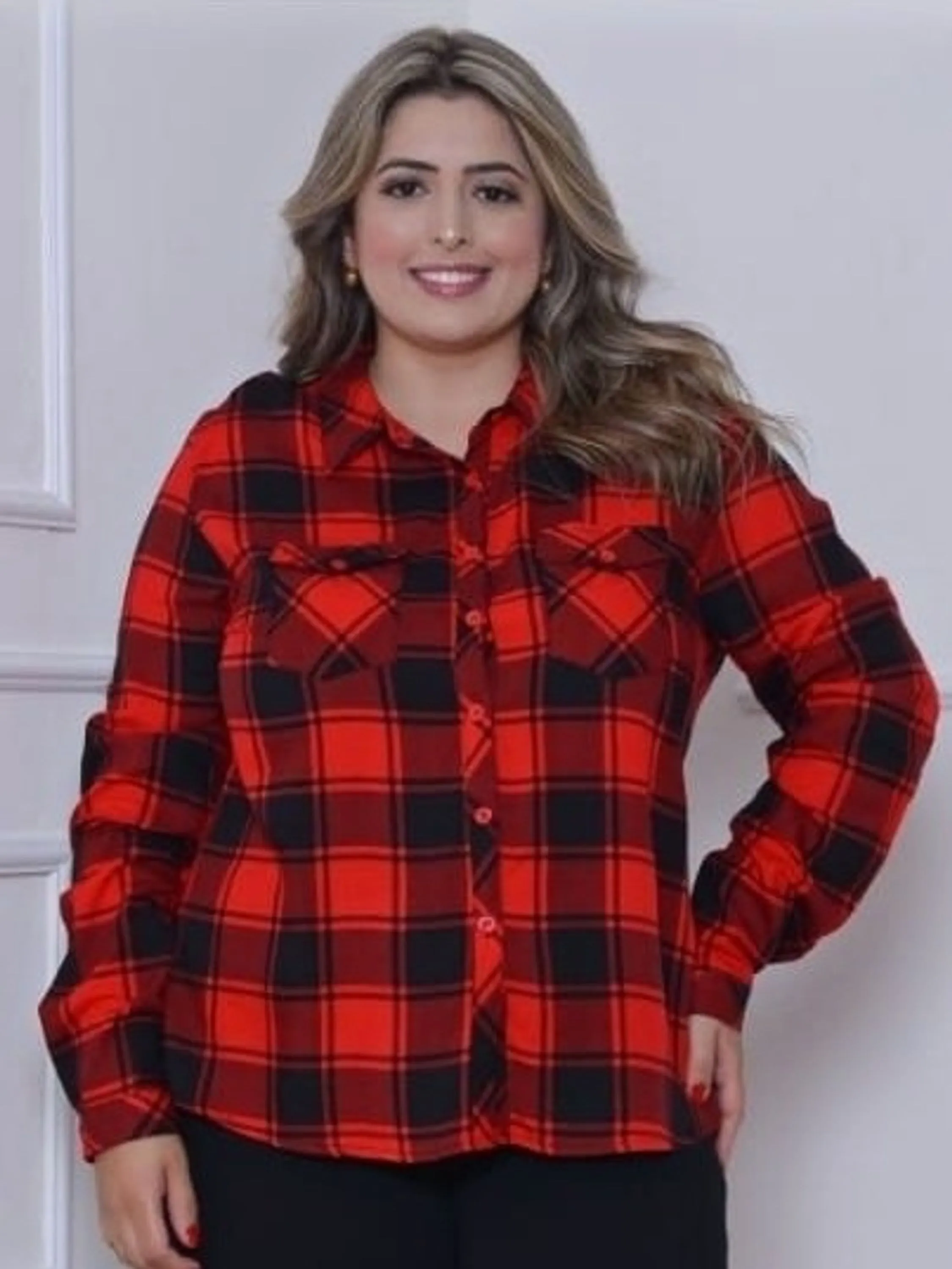 Camisa Blusa Xadrez Viscose Plus Size Manga Longa Gola