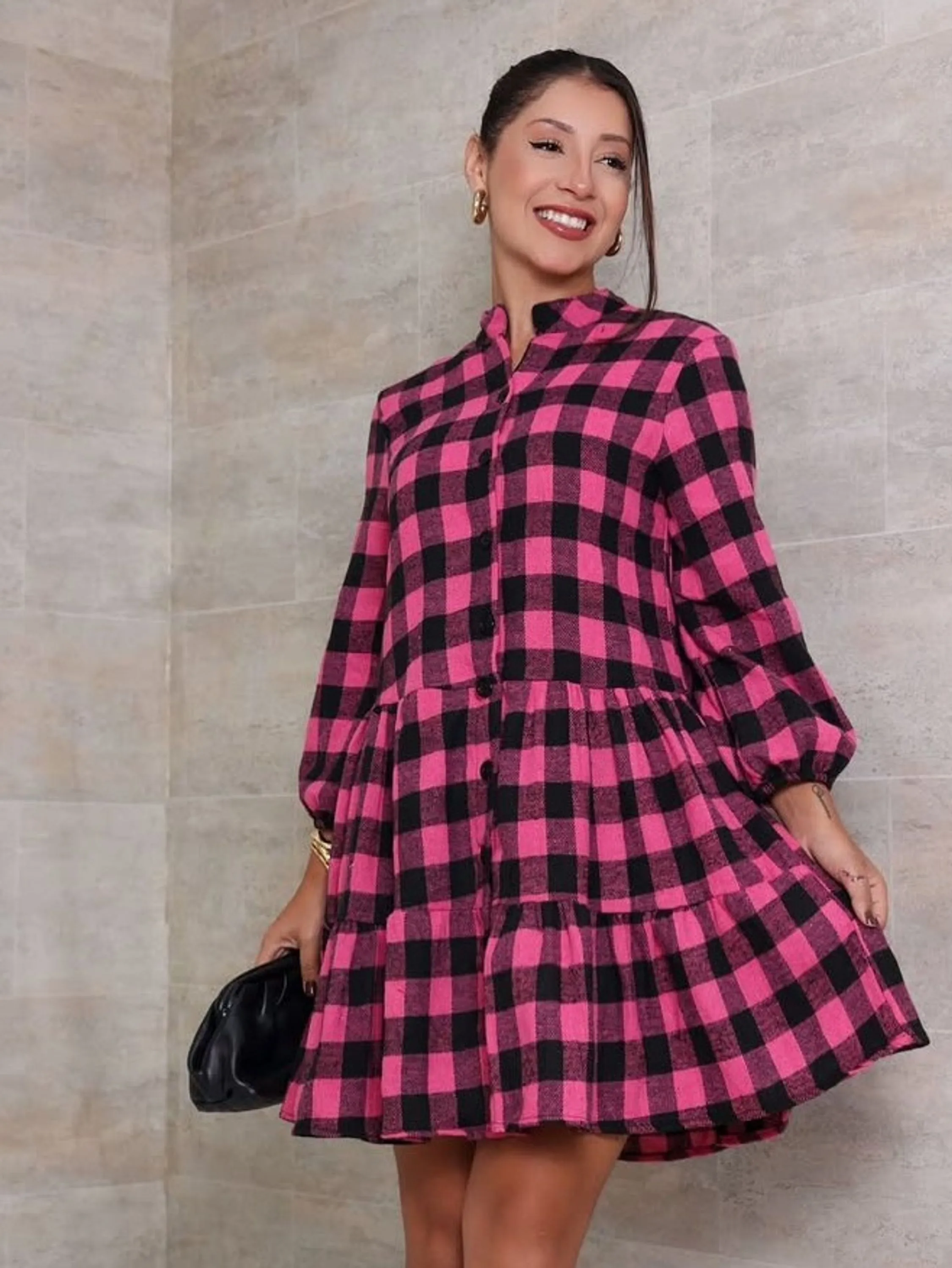 Vestido Feminino Xadrez Flanelado Manga Longa ⭐⭐