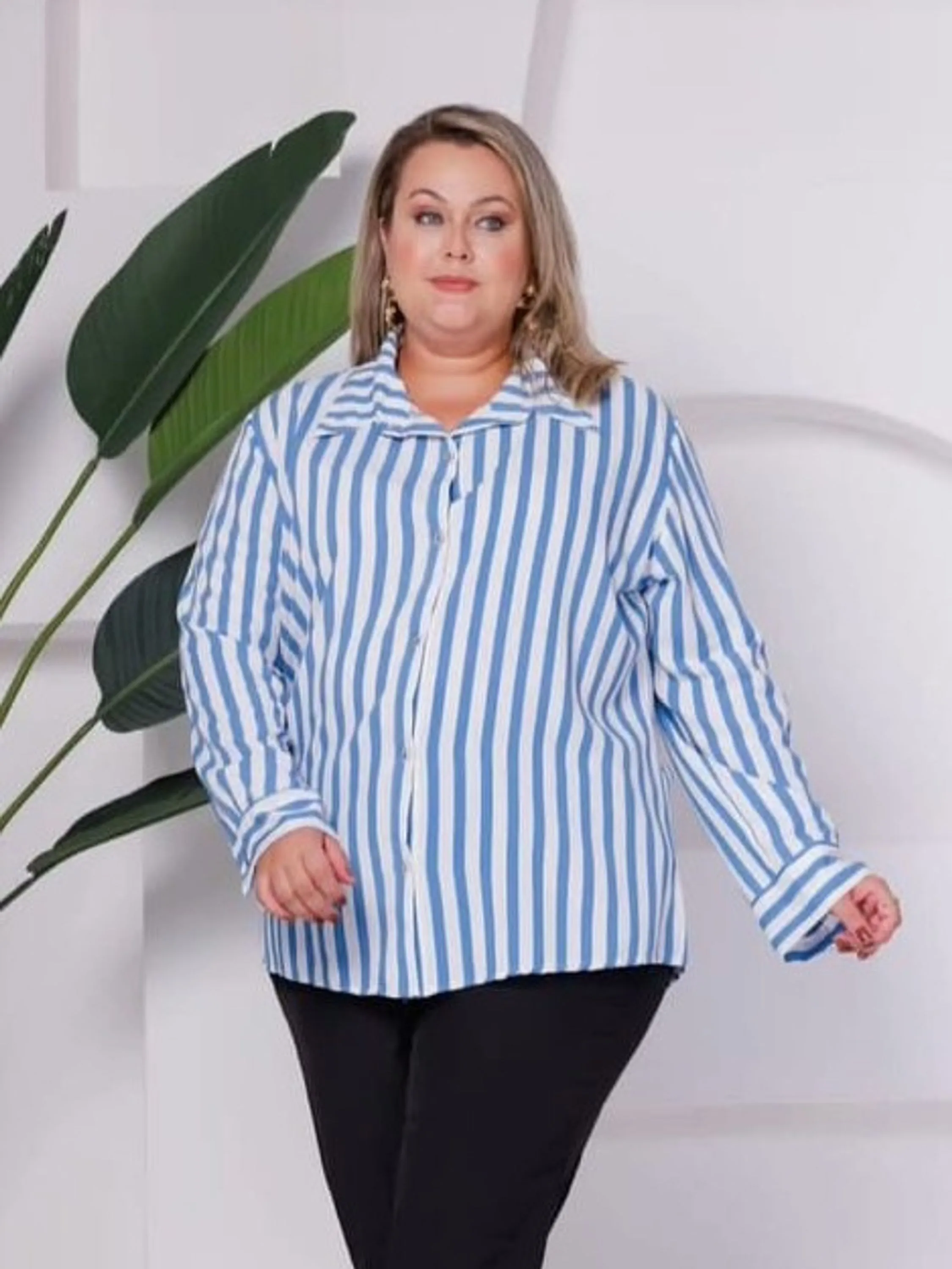 Camisa Social Plus Size Feminina Listras ⭐
