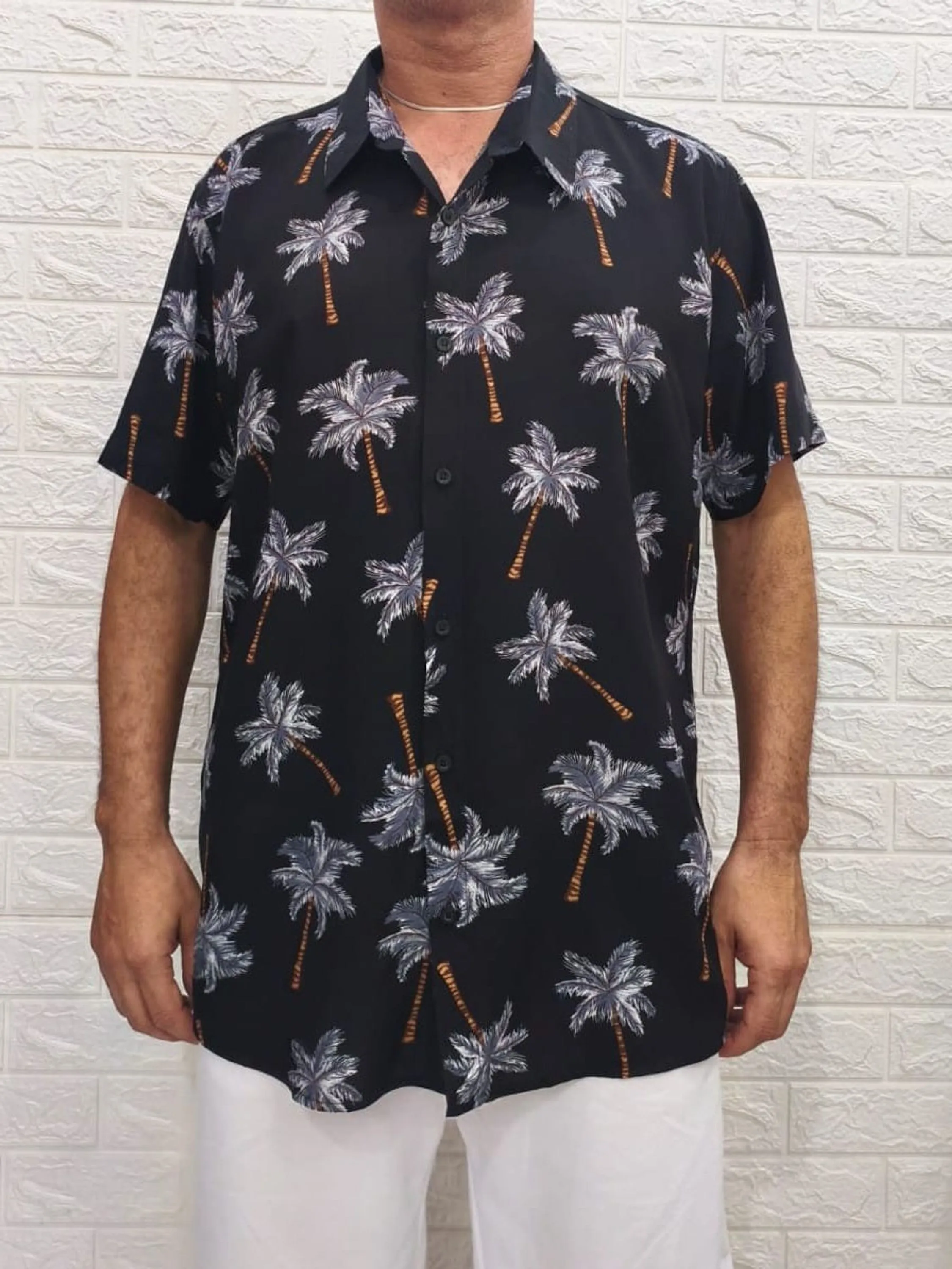 Camisa Masculina Plus Size Slim Preto / Estampa ⭐