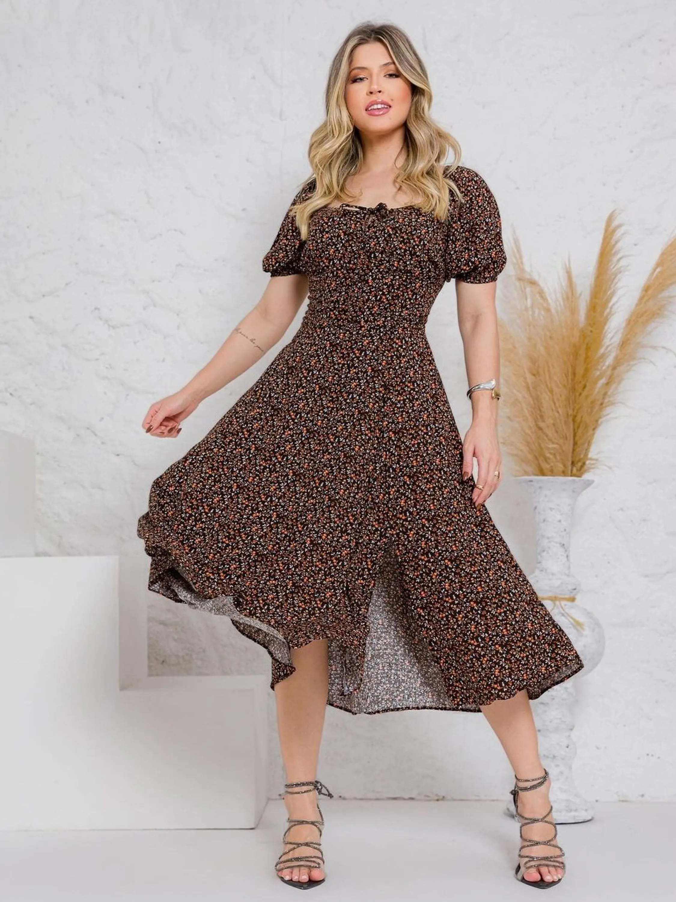 Vestido Feminino Midi em Viscolinho Estampado ⭐