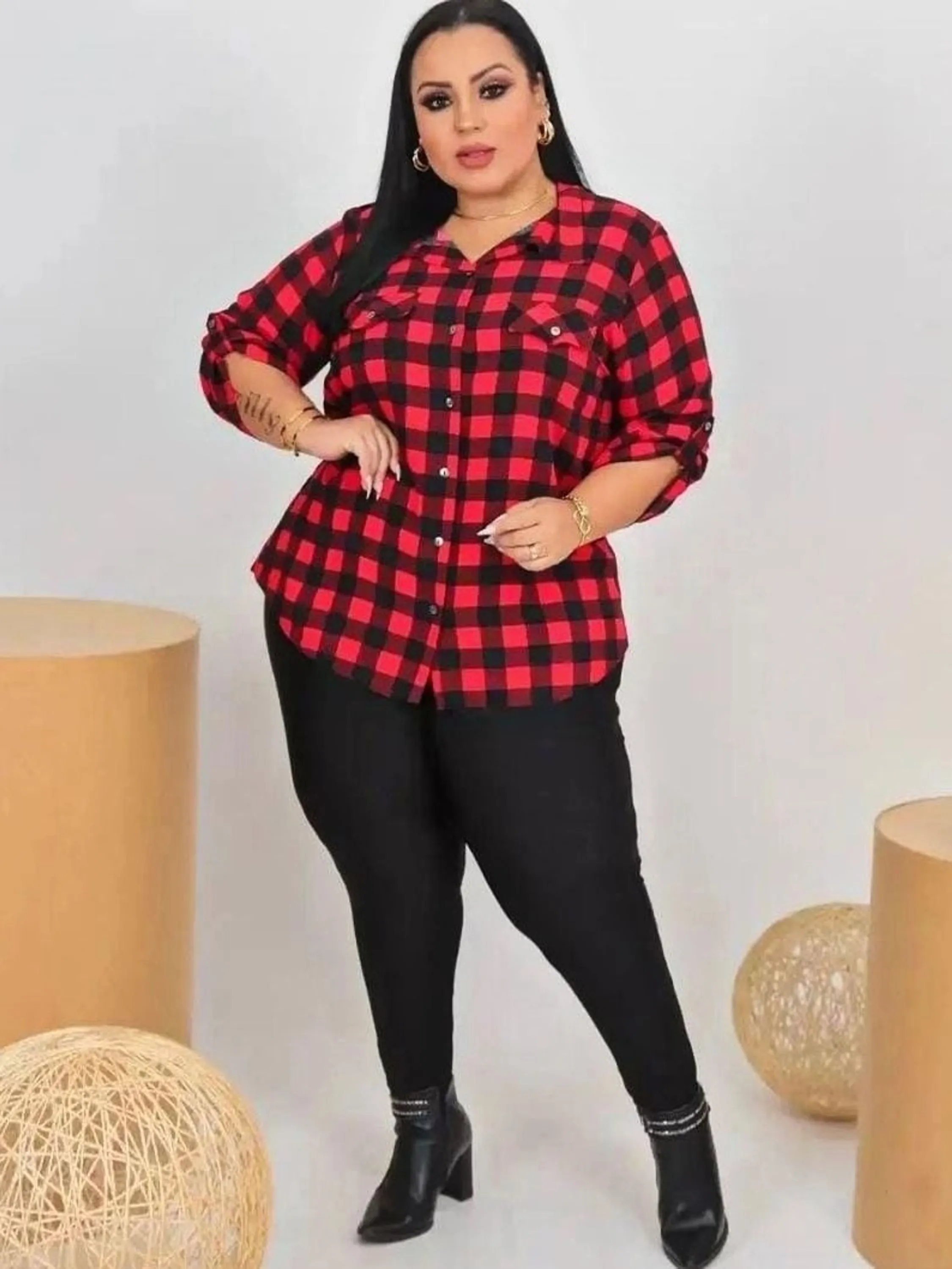 Camisa Blusa Xadrez Plus Size Viscose Gola Manga Longa