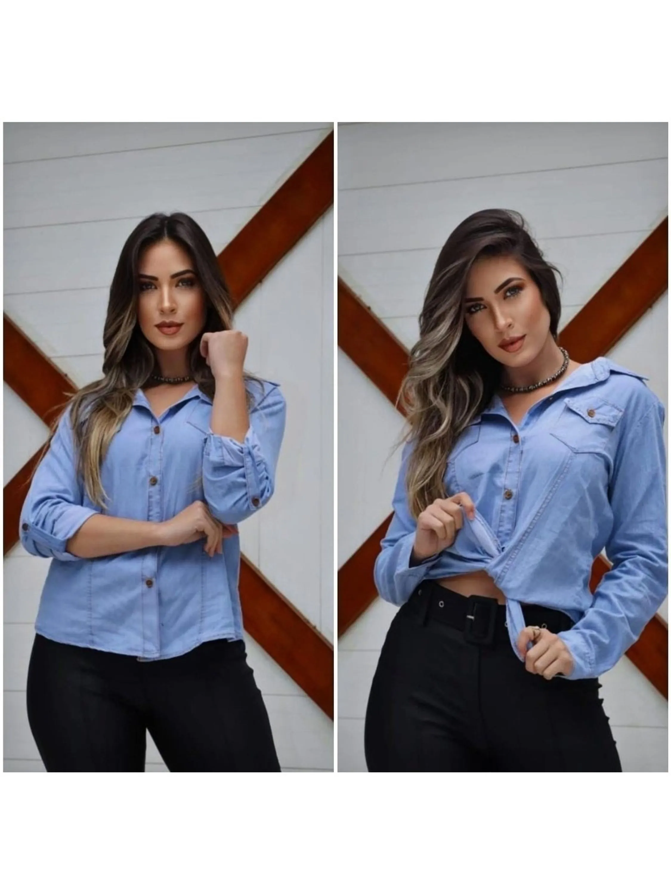 Camisa Jeans Social Manga Longa com Botão