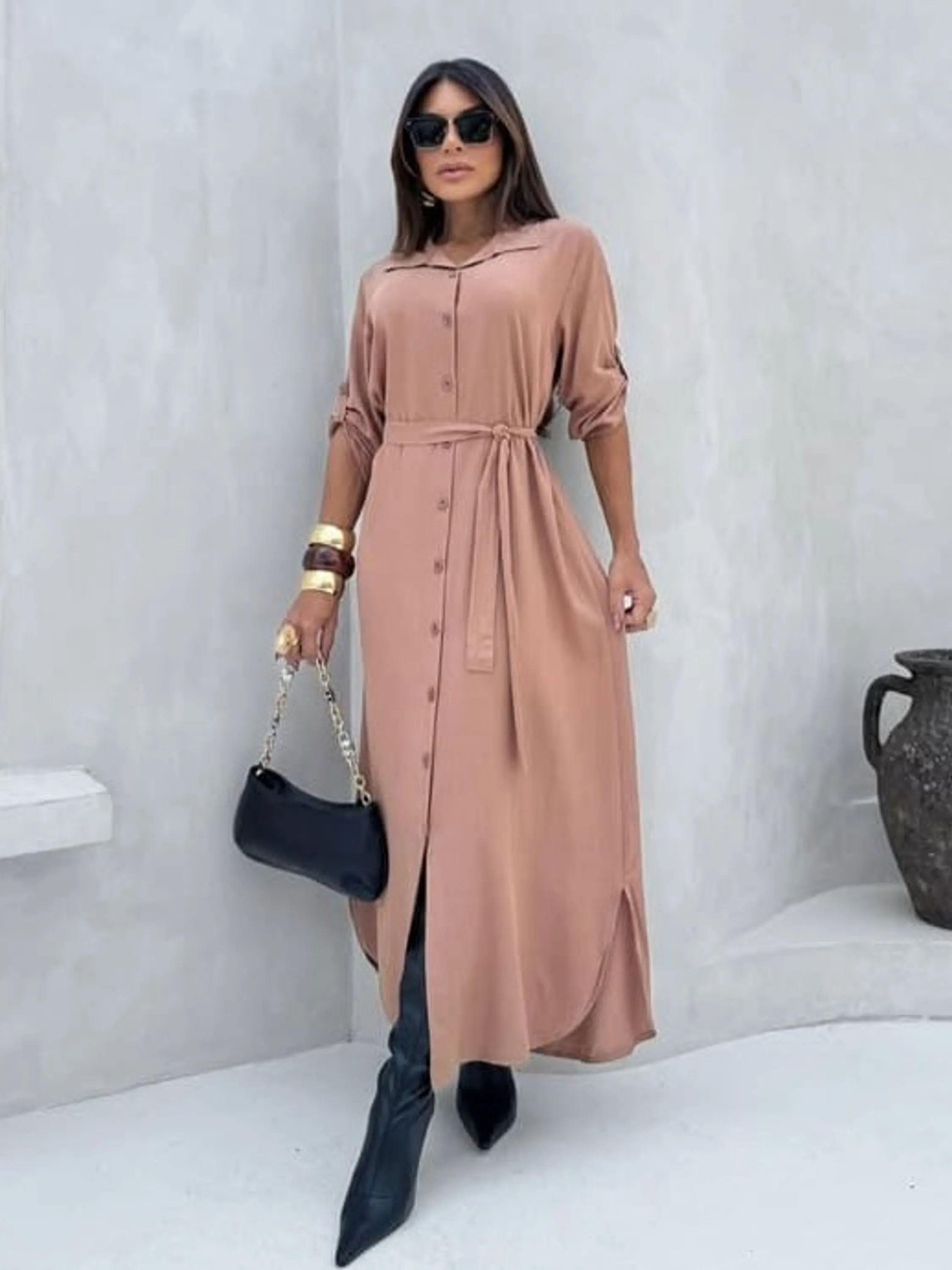 Vestido Chemise Longo Manga 3/4 ⭐