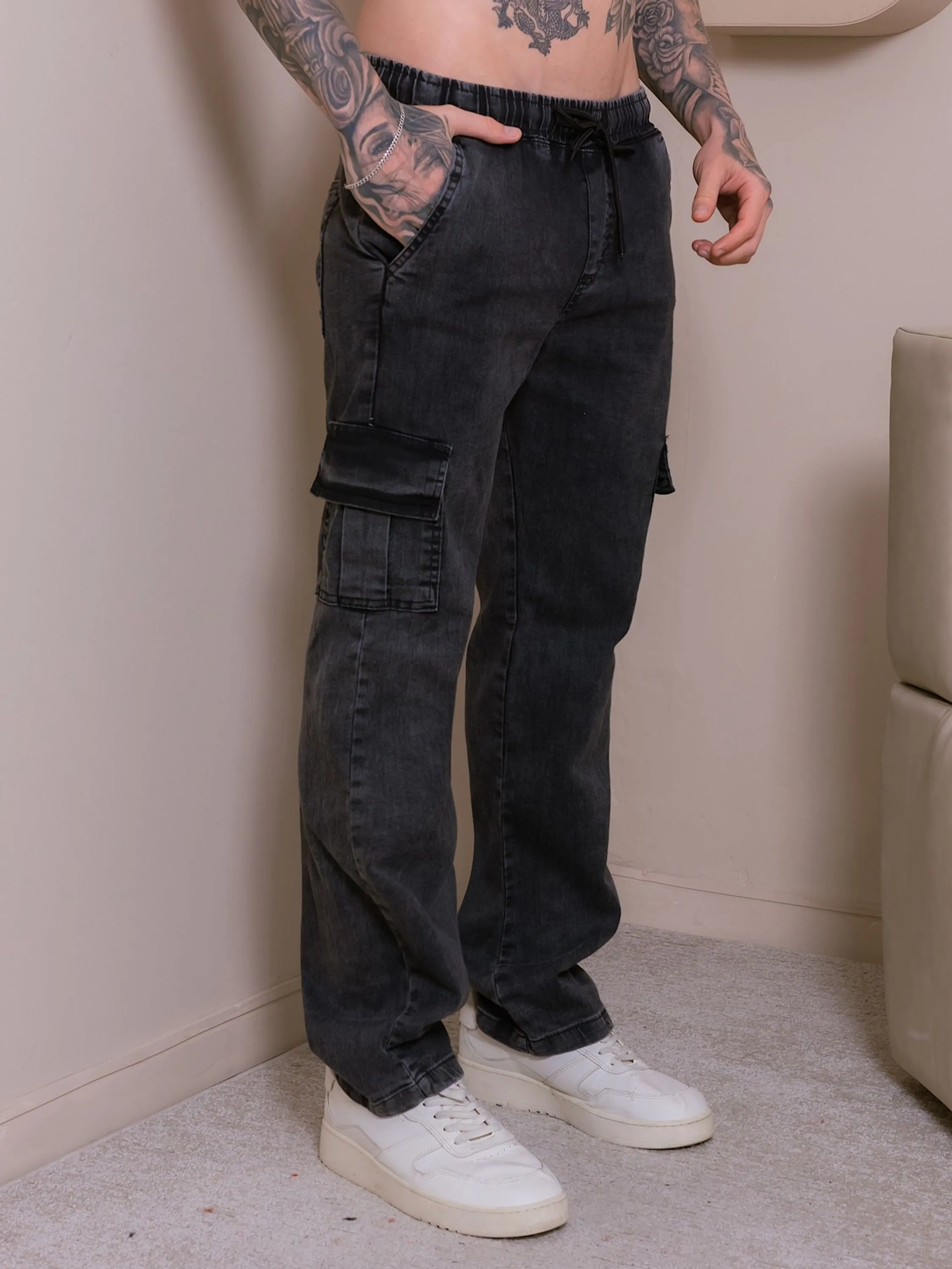 Calça Jeans Cargo com elástico na cintura Masculina