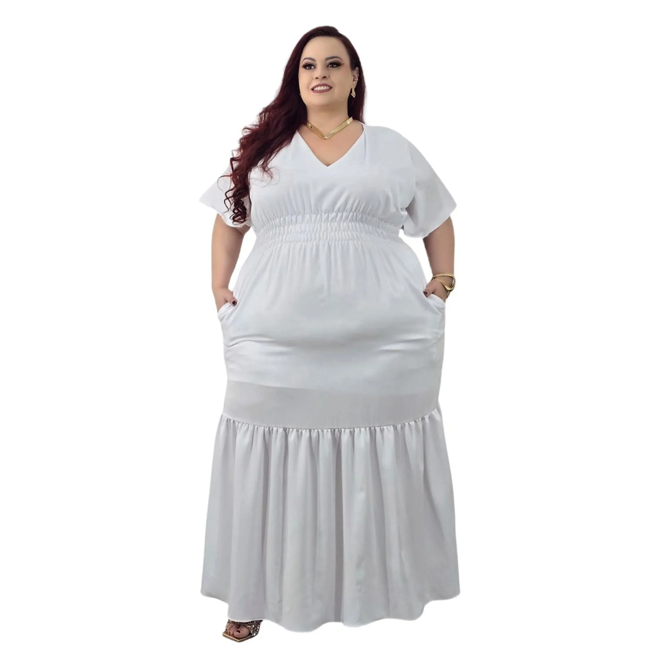 Vestido Feminino decote V longo de manga curta elegante social Plus Size Real 54 56 58 60 62 64 - G3 G5