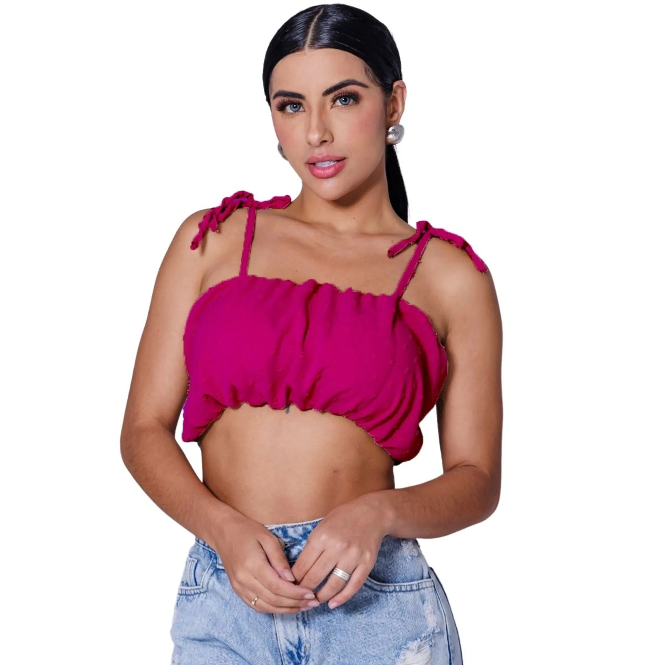 Top cropped faixa bufante com bojo e alças de amarração ou sem alças duna pipoca forrado tamanho unico veste 38 40 42 44