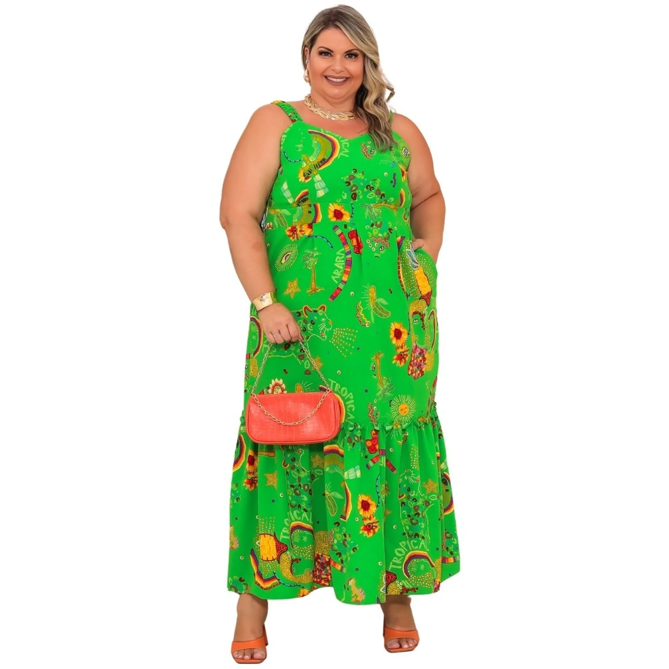 Vestido feminino longo de alças largas com elastico todo forrado e bolsos laterais duna liso casual 40 ao 60 - G ao G4