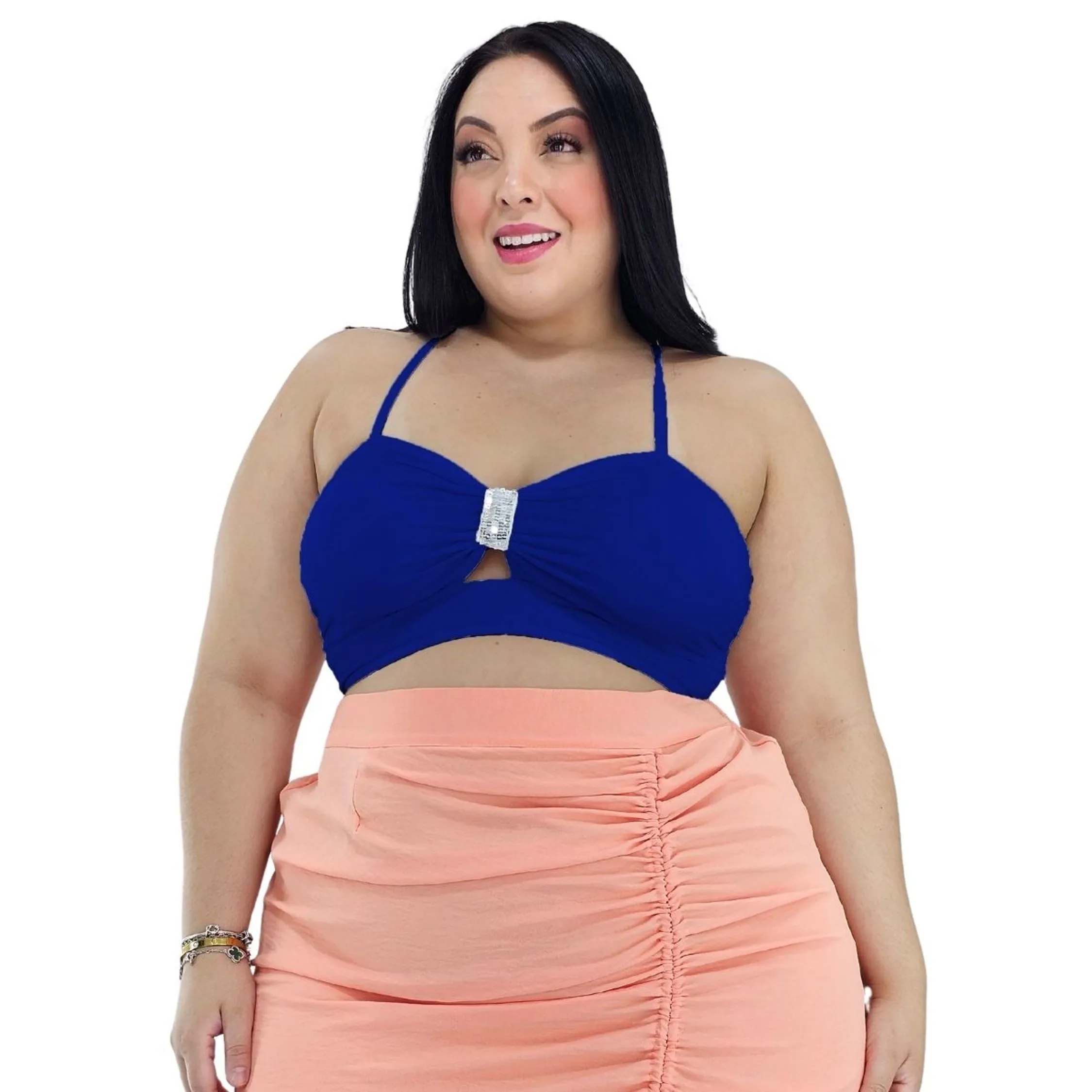 Top Cropped de alças finas com bojo e amarração cruzada nas costas duna liso plus size 44 46 48 50 - G GG