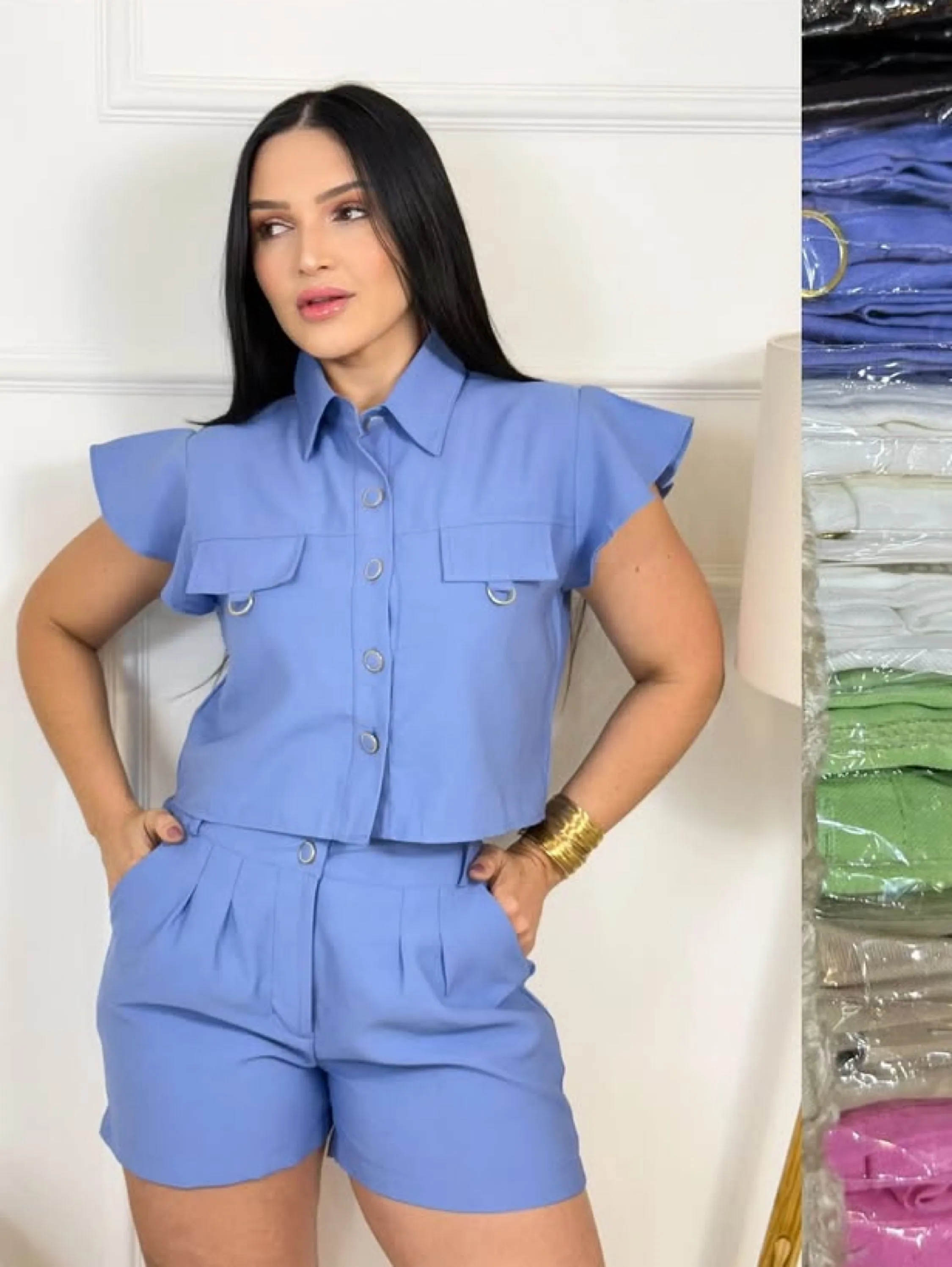 Conjunto shorts e blusa tecido marrante